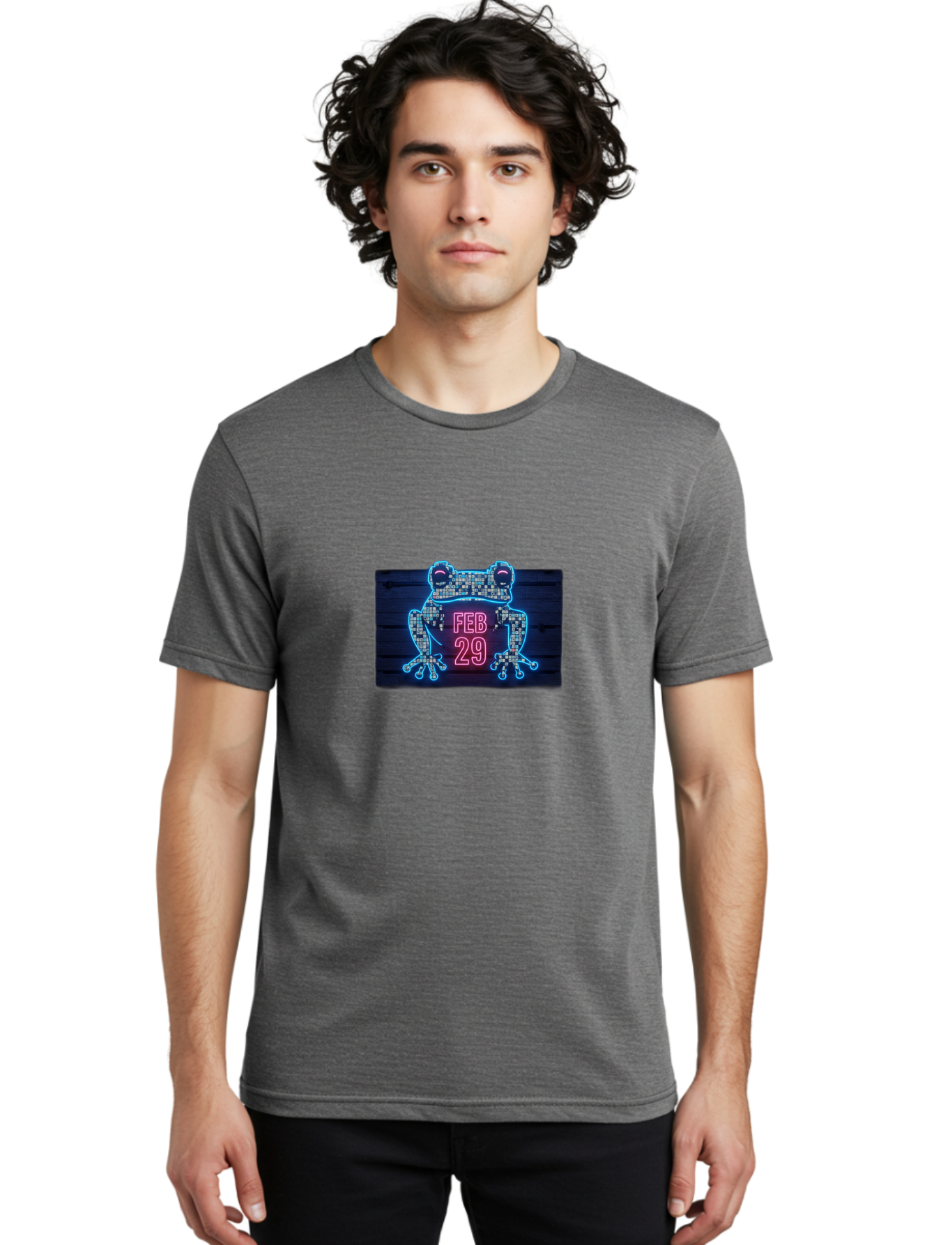 Feb-29-Frog-Neon-Sign Men'S Graphic Tee, 100% Cotton, Comfortable Casual Summer Wear, Machine Washable, Neon Frog Sign, Leap Day Symbol, Retro Style, Glowing Effect, Frog Silhouette, Date Display, Unique Decor, Nostalgic Vibe, Led Art, Bab899