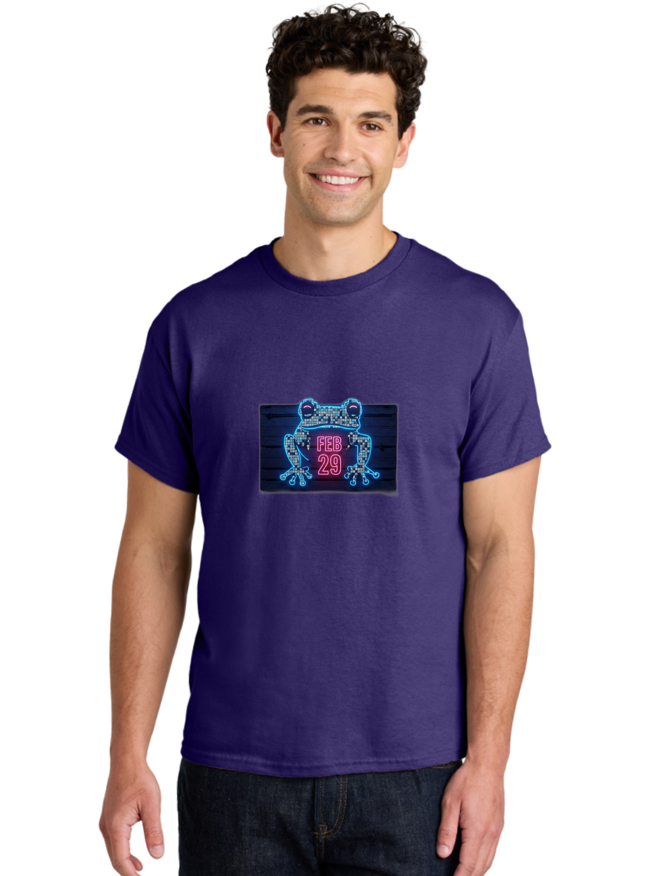 Feb-29-Frog-Neon-Sign Men'S Graphic Tee, 100% Cotton, Comfortable Casual Summer Wear, Machine Washable, Neon Frog Sign, Leap Day Symbol, Retro Style, Glowing Effect, Frog Silhouette, Date Display, Unique Decor, Nostalgic Vibe, Led Art, Bab899