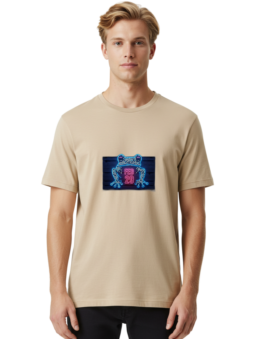 Feb-29-Frog-Neon-Sign Men'S Graphic Tee, 100% Cotton, Comfortable Casual Summer Wear, Machine Washable, Neon Frog Sign, Leap Day Symbol, Retro Style, Glowing Effect, Frog Silhouette, Date Display, Unique Decor, Nostalgic Vibe, Led Art, Bab899