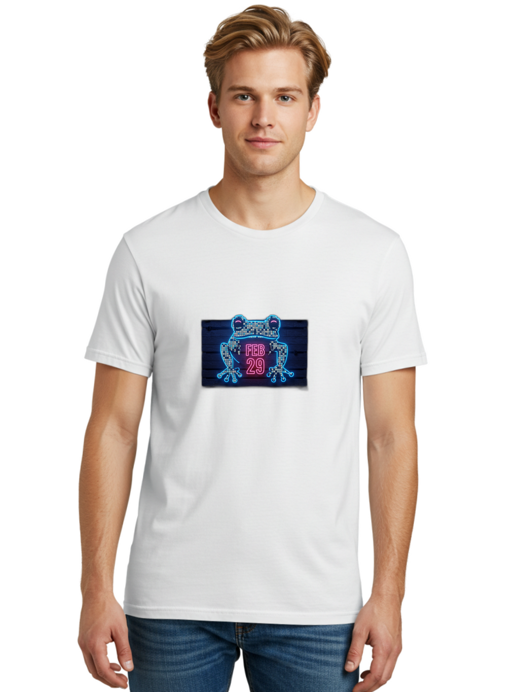 Feb-29-Frog-Neon-Sign Men'S Graphic Tee, 100% Cotton, Comfortable Casual Summer Wear, Machine Washable, Neon Frog Sign, Leap Day Symbol, Retro Style, Glowing Effect, Frog Silhouette, Date Display, Unique Decor, Nostalgic Vibe, Led Art, Bab899