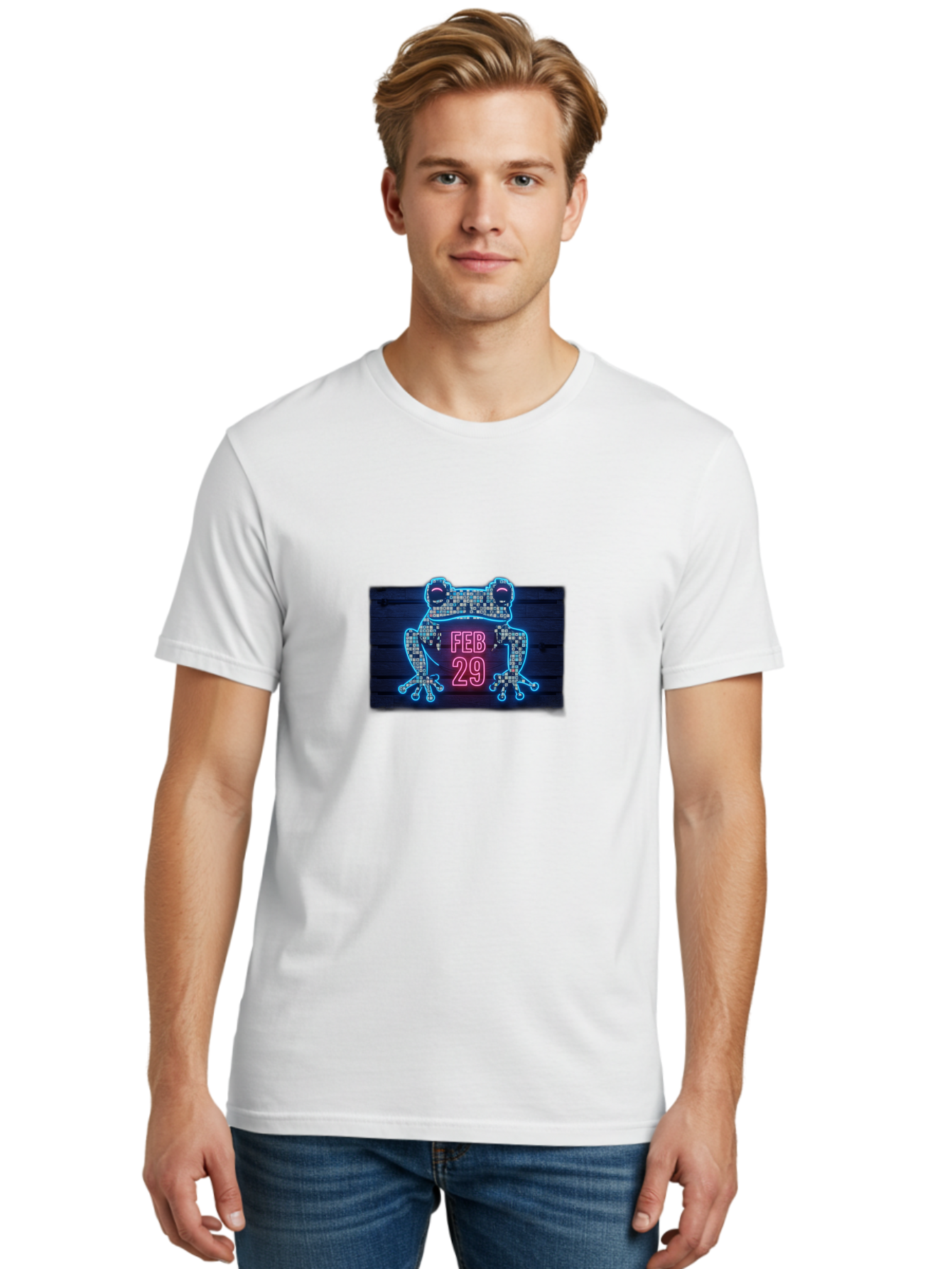 Feb-29-Frog-Neon-Sign Men'S Graphic Tee, 100% Cotton, Comfortable Casual Summer Wear, Machine Washable, Neon Frog Sign, Leap Day Symbol, Retro Style, Glowing Effect, Frog Silhouette, Date Display, Unique Decor, Nostalgic Vibe, Led Art, Bab899