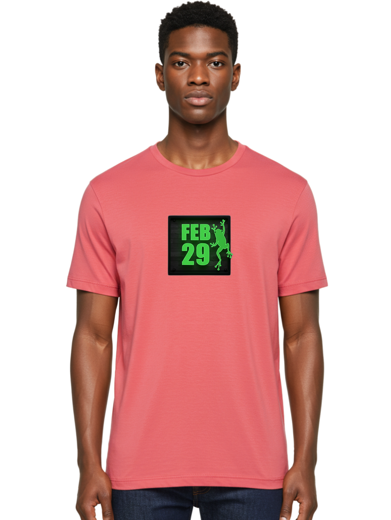 Feb-29 Men'S Graphic Tee, 100% Cotton, Comfortable Casual Summer Wear, Machine Washable, February 29, Leap Day, Frog Silhouette, Green Text, Black Sign, Fun Design, Quirky Graphics, Festive Elements, Unique Calendar Date Bab900