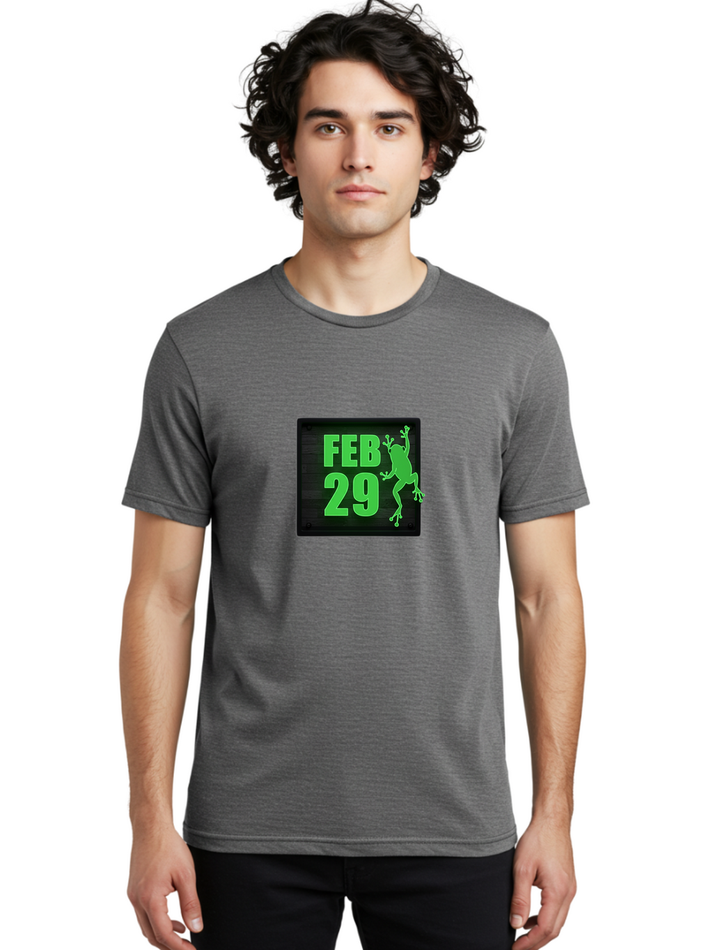 Feb-29 Men'S Graphic Tee, 100% Cotton, Comfortable Casual Summer Wear, Machine Washable, February 29, Leap Day, Frog Silhouette, Green Text, Black Sign, Fun Design, Quirky Graphics, Festive Elements, Unique Calendar Date Bab900