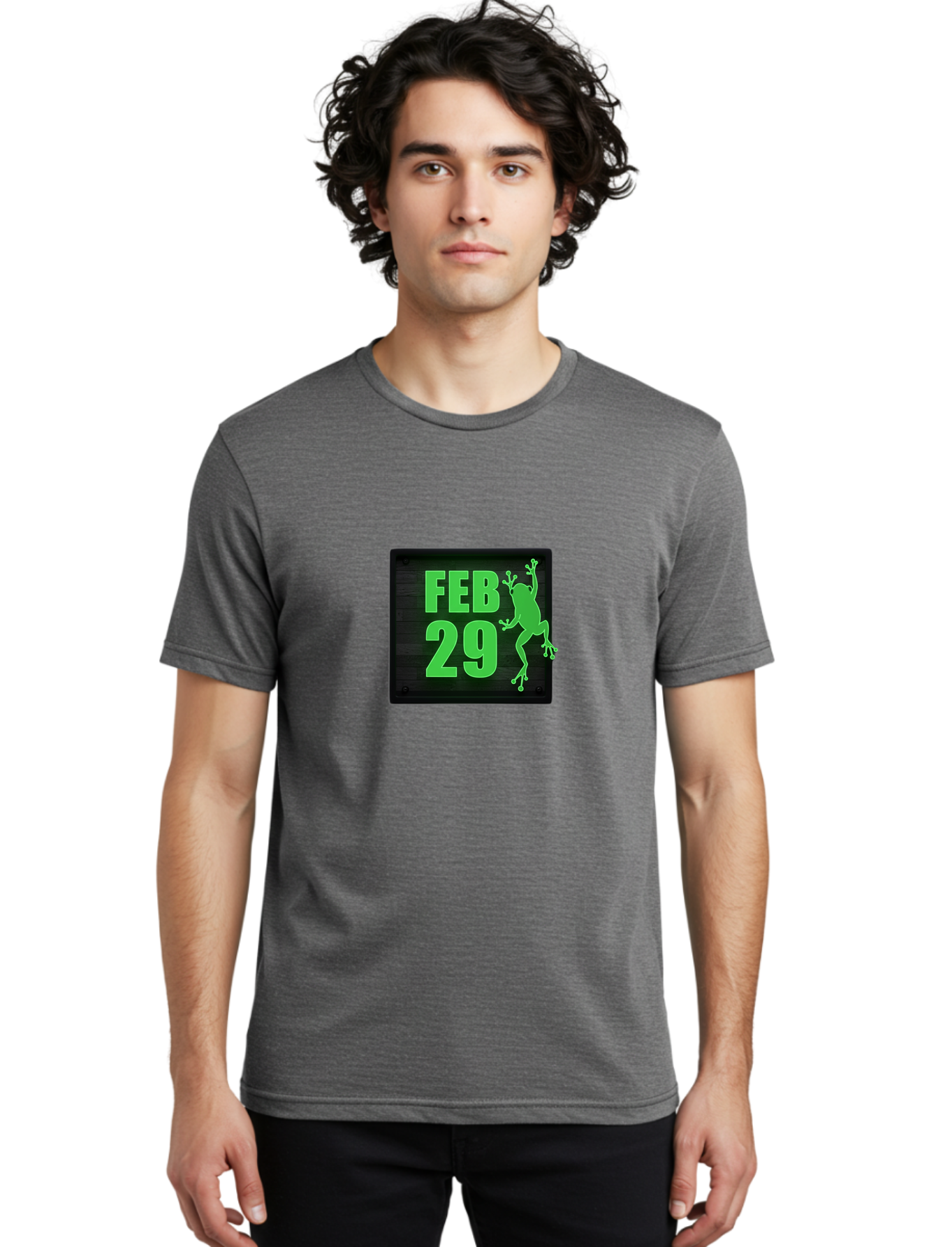 Feb-29 Men'S Graphic Tee, 100% Cotton, Comfortable Casual Summer Wear, Machine Washable, February 29, Leap Day, Frog Silhouette, Green Text, Black Sign, Fun Design, Quirky Graphics, Festive Elements, Unique Calendar Date Bab900