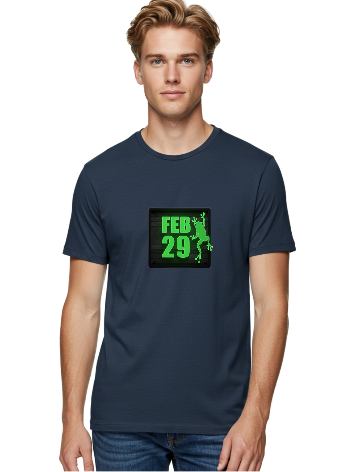 Feb-29 Men'S Graphic Tee, 100% Cotton, Comfortable Casual Summer Wear, Machine Washable, February 29, Leap Day, Frog Silhouette, Green Text, Black Sign, Fun Design, Quirky Graphics, Festive Elements, Unique Calendar Date Bab900
