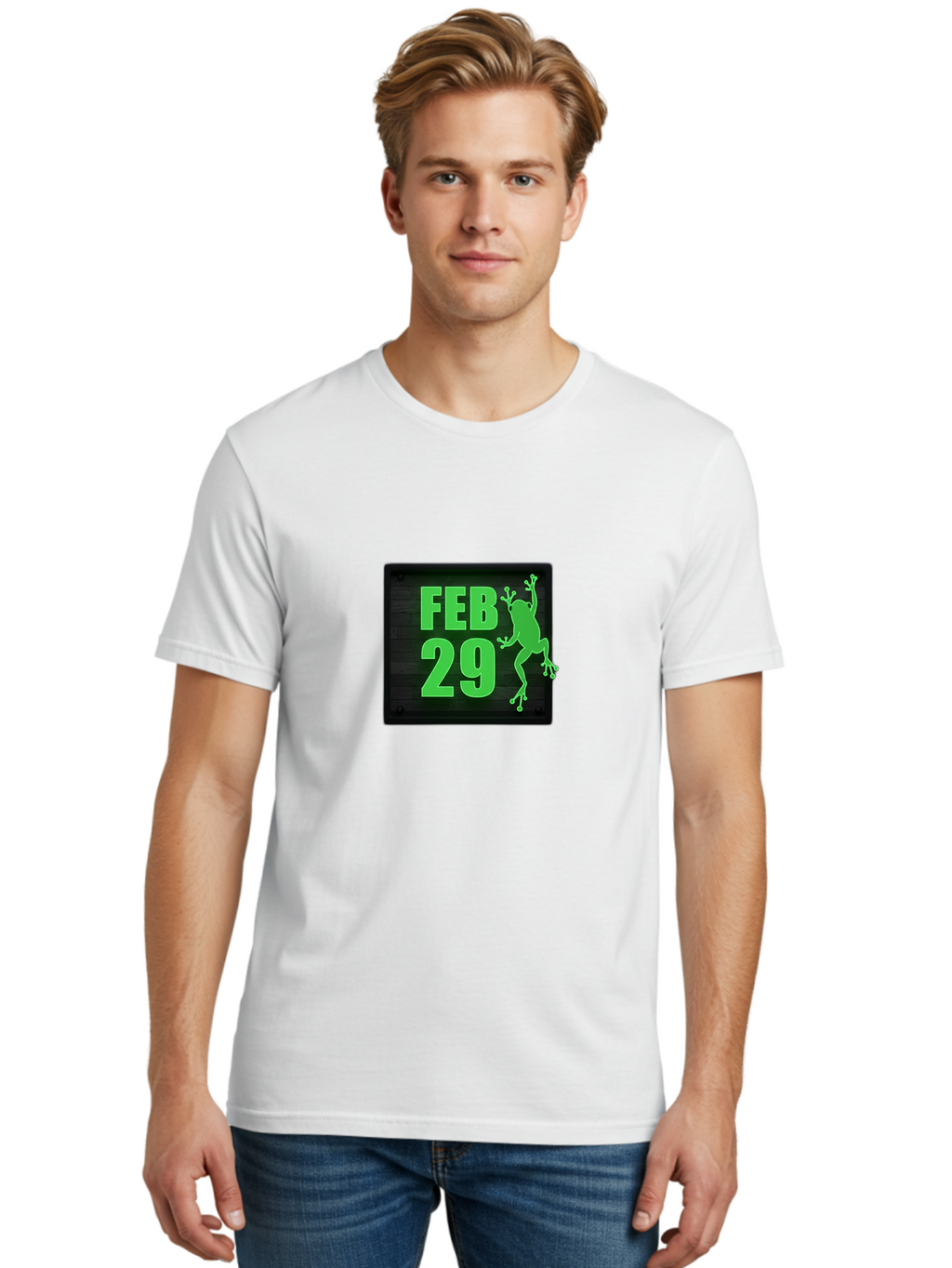 Feb-29 Men'S Graphic Tee, 100% Cotton, Comfortable Casual Summer Wear, Machine Washable, February 29, Leap Day, Frog Silhouette, Green Text, Black Sign, Fun Design, Quirky Graphics, Festive Elements, Unique Calendar Date Bab900