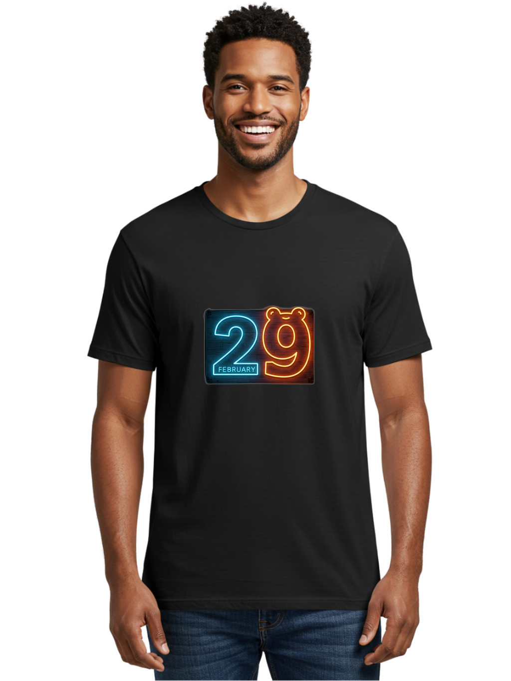 February-29 Men'S Graphic Tee, 100% Cotton, Comfortable Casual Summer Wear, Machine Washable, Leap Day, February 29, Neon Sign, Blue And Orange Glow, Bear Face, Unique Date, Calendar Event, Special Occasion, Retro Style, Glowing Numbers Bab901