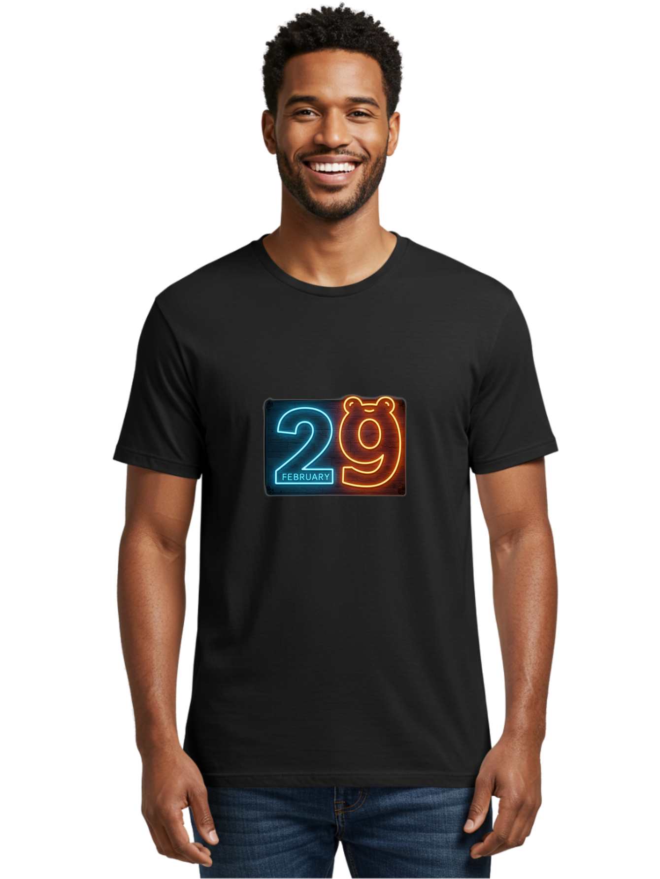 February-29 Men'S Graphic Tee, 100% Cotton, Comfortable Casual Summer Wear, Machine Washable, Leap Day, February 29, Neon Sign, Blue And Orange Glow, Bear Face, Unique Date, Calendar Event, Special Occasion, Retro Style, Glowing Numbers Bab901