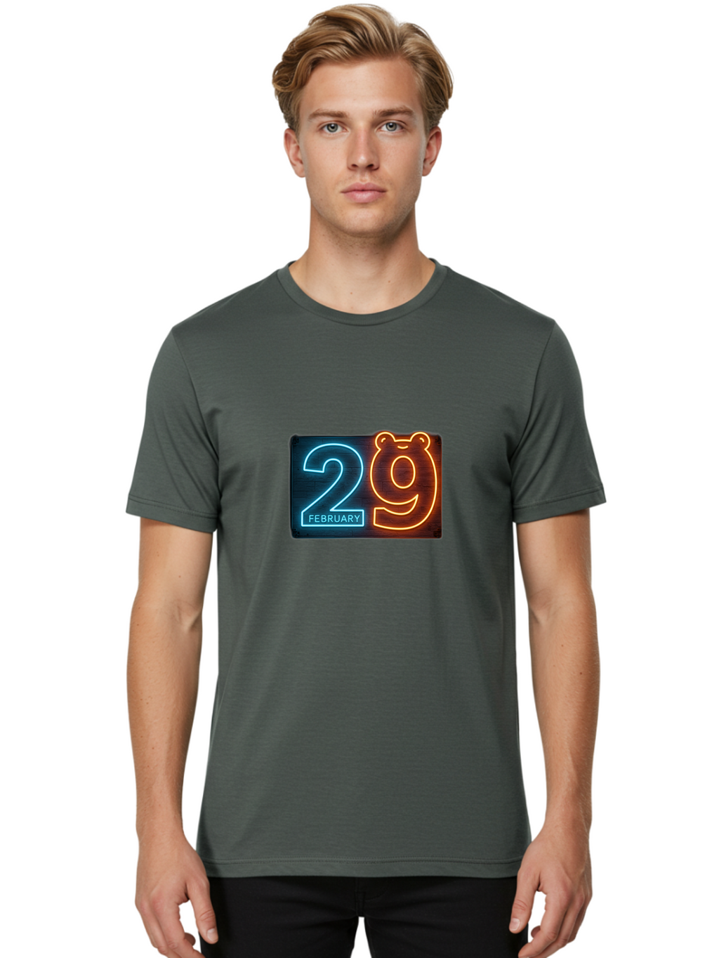 February-29 Men'S Graphic Tee, 100% Cotton, Comfortable Casual Summer Wear, Machine Washable, Leap Day, February 29, Neon Sign, Blue And Orange Glow, Bear Face, Unique Date, Calendar Event, Special Occasion, Retro Style, Glowing Numbers Bab901