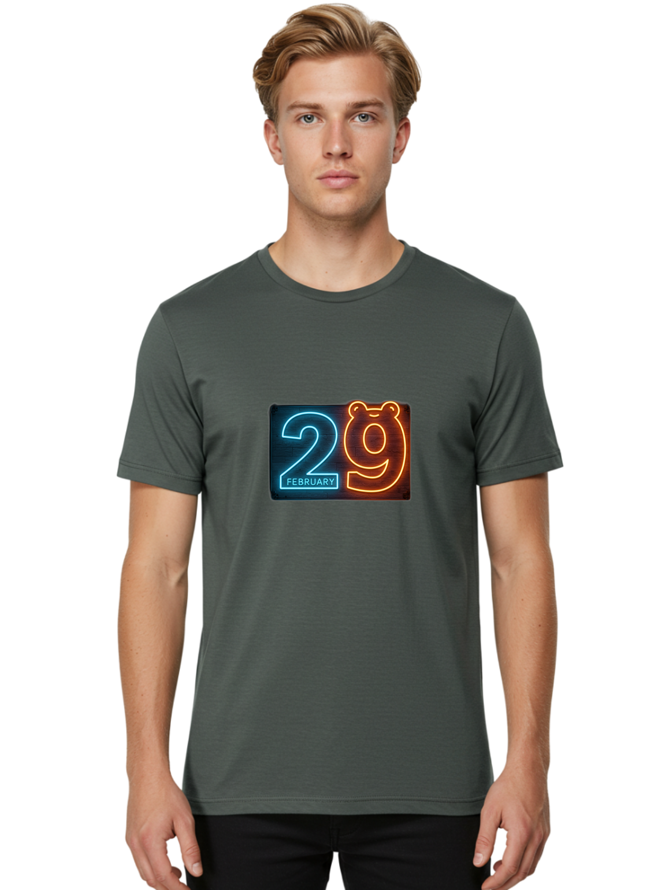 February-29 Men'S Graphic Tee, 100% Cotton, Comfortable Casual Summer Wear, Machine Washable, Leap Day, February 29, Neon Sign, Blue And Orange Glow, Bear Face, Unique Date, Calendar Event, Special Occasion, Retro Style, Glowing Numbers Bab901