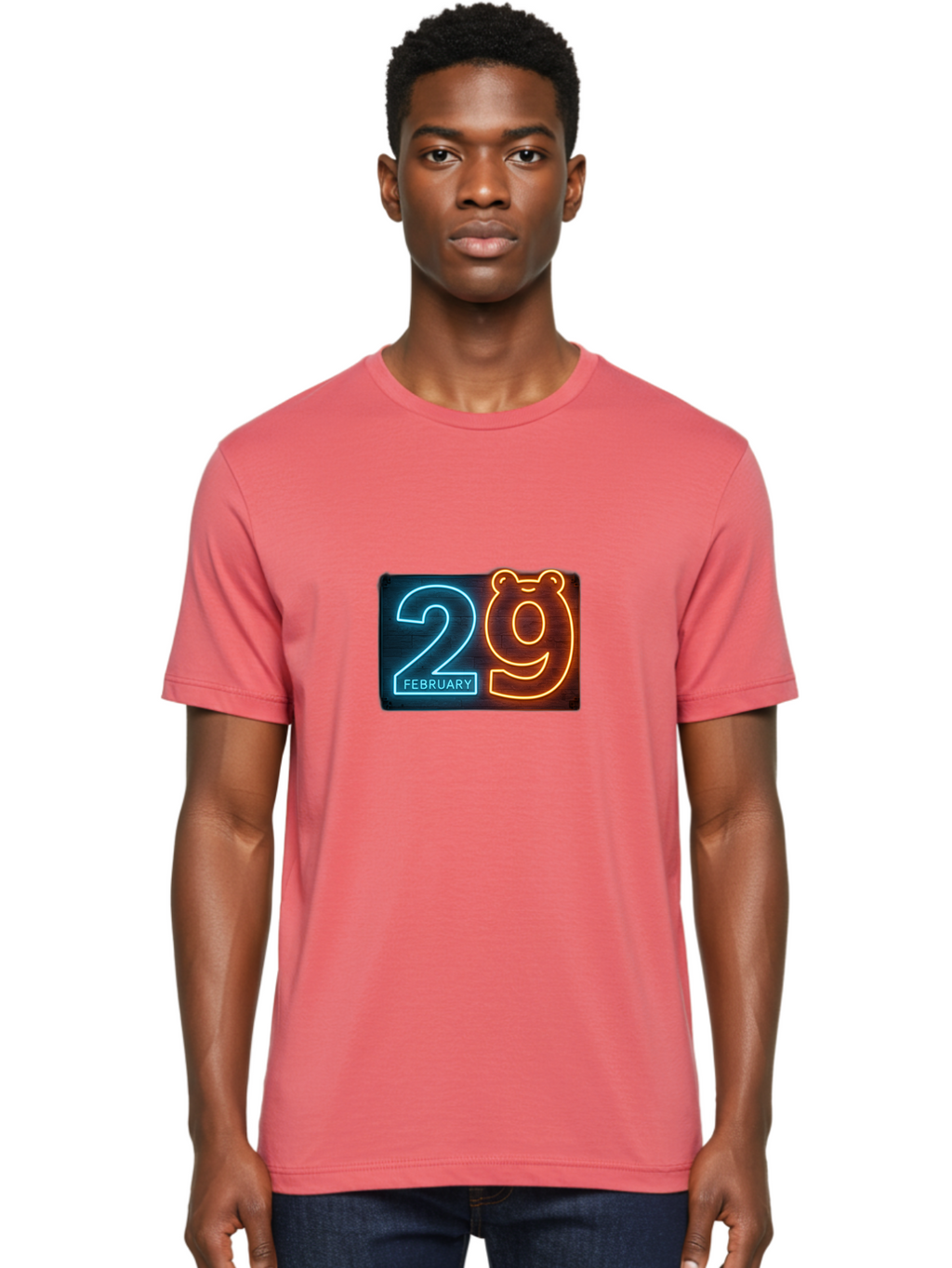 February-29 Men'S Graphic Tee, 100% Cotton, Comfortable Casual Summer Wear, Machine Washable, Leap Day, February 29, Neon Sign, Blue And Orange Glow, Bear Face, Unique Date, Calendar Event, Special Occasion, Retro Style, Glowing Numbers Bab901