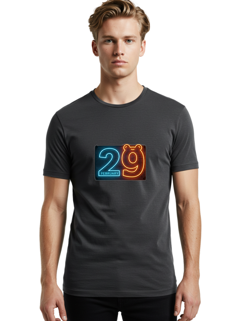 February-29 Men'S Graphic Tee, 100% Cotton, Comfortable Casual Summer Wear, Machine Washable, Leap Day, February 29, Neon Sign, Blue And Orange Glow, Bear Face, Unique Date, Calendar Event, Special Occasion, Retro Style, Glowing Numbers Bab901