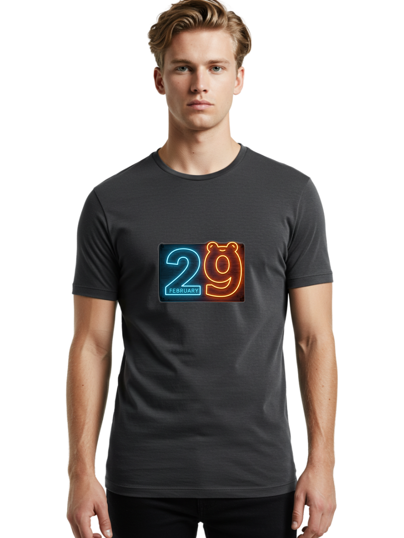 February-29 Men'S Graphic Tee, 100% Cotton, Comfortable Casual Summer Wear, Machine Washable, Leap Day, February 29, Neon Sign, Blue And Orange Glow, Bear Face, Unique Date, Calendar Event, Special Occasion, Retro Style, Glowing Numbers Bab901