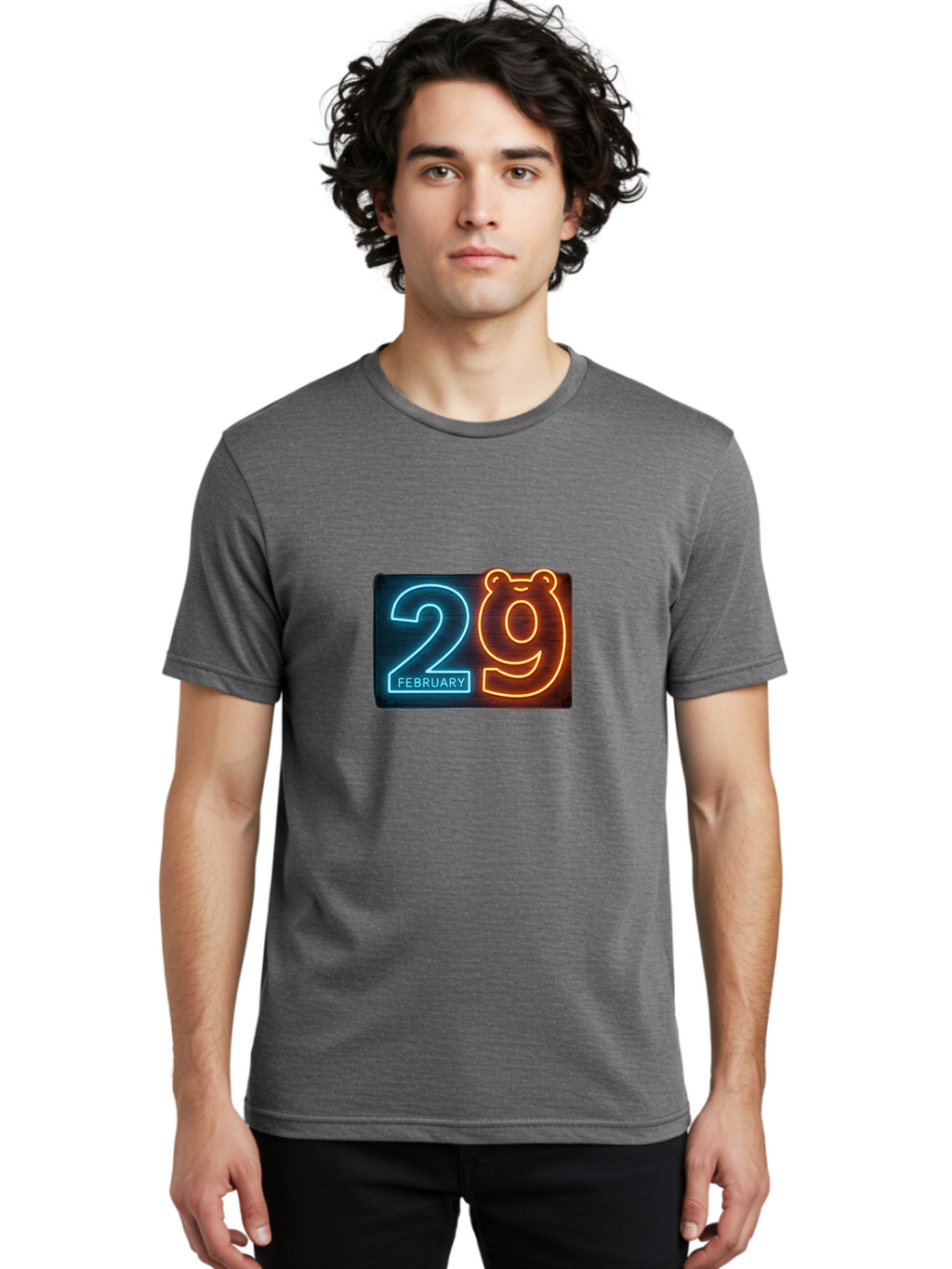February-29 Men'S Graphic Tee, 100% Cotton, Comfortable Casual Summer Wear, Machine Washable, Leap Day, February 29, Neon Sign, Blue And Orange Glow, Bear Face, Unique Date, Calendar Event, Special Occasion, Retro Style, Glowing Numbers Bab901