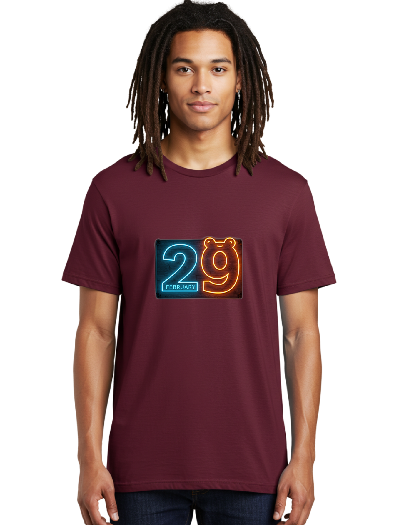 February-29 Men'S Graphic Tee, 100% Cotton, Comfortable Casual Summer Wear, Machine Washable, Leap Day, February 29, Neon Sign, Blue And Orange Glow, Bear Face, Unique Date, Calendar Event, Special Occasion, Retro Style, Glowing Numbers Bab901