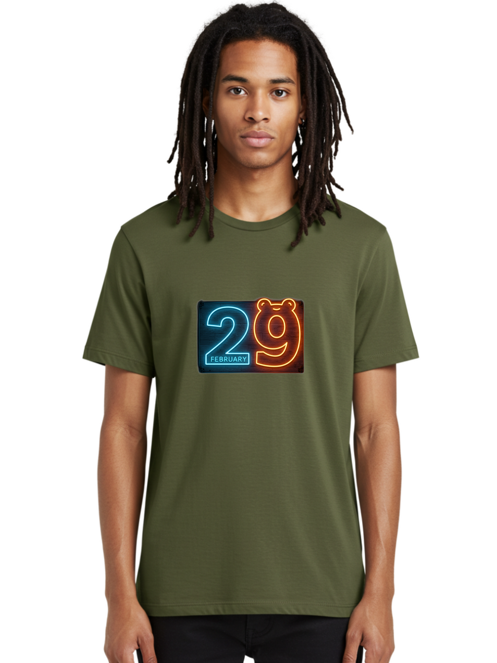 February-29 Men'S Graphic Tee, 100% Cotton, Comfortable Casual Summer Wear, Machine Washable, Leap Day, February 29, Neon Sign, Blue And Orange Glow, Bear Face, Unique Date, Calendar Event, Special Occasion, Retro Style, Glowing Numbers Bab901