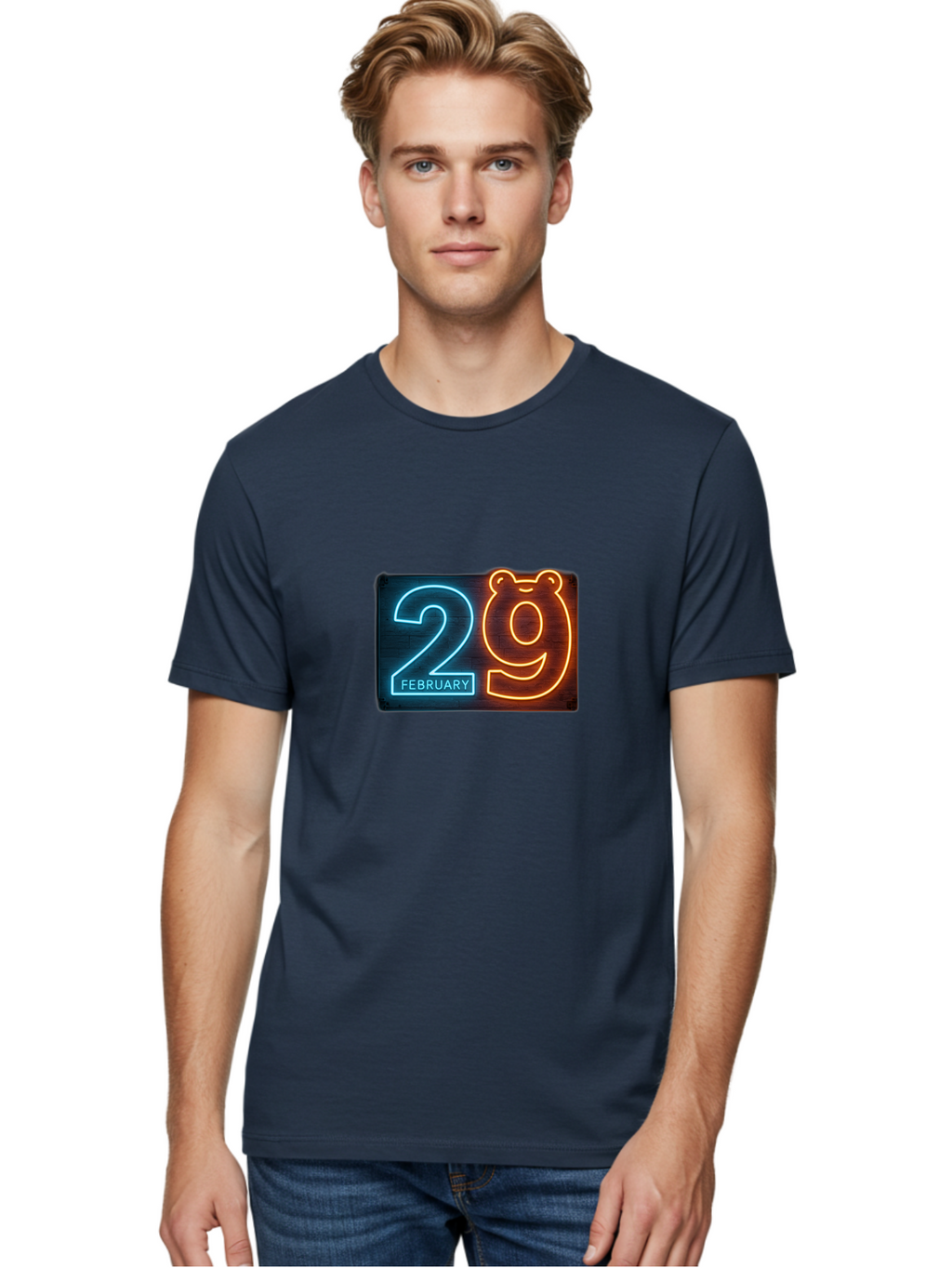 February-29 Men'S Graphic Tee, 100% Cotton, Comfortable Casual Summer Wear, Machine Washable, Leap Day, February 29, Neon Sign, Blue And Orange Glow, Bear Face, Unique Date, Calendar Event, Special Occasion, Retro Style, Glowing Numbers Bab901