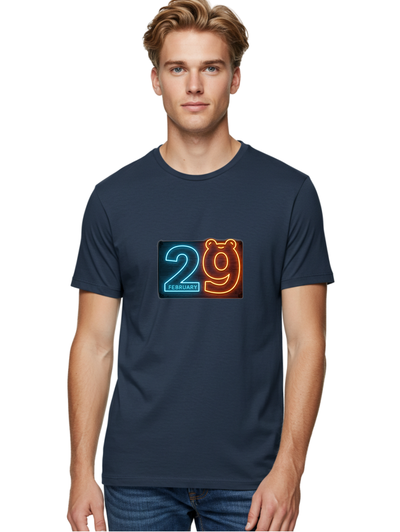 February-29 Men'S Graphic Tee, 100% Cotton, Comfortable Casual Summer Wear, Machine Washable, Leap Day, February 29, Neon Sign, Blue And Orange Glow, Bear Face, Unique Date, Calendar Event, Special Occasion, Retro Style, Glowing Numbers Bab901