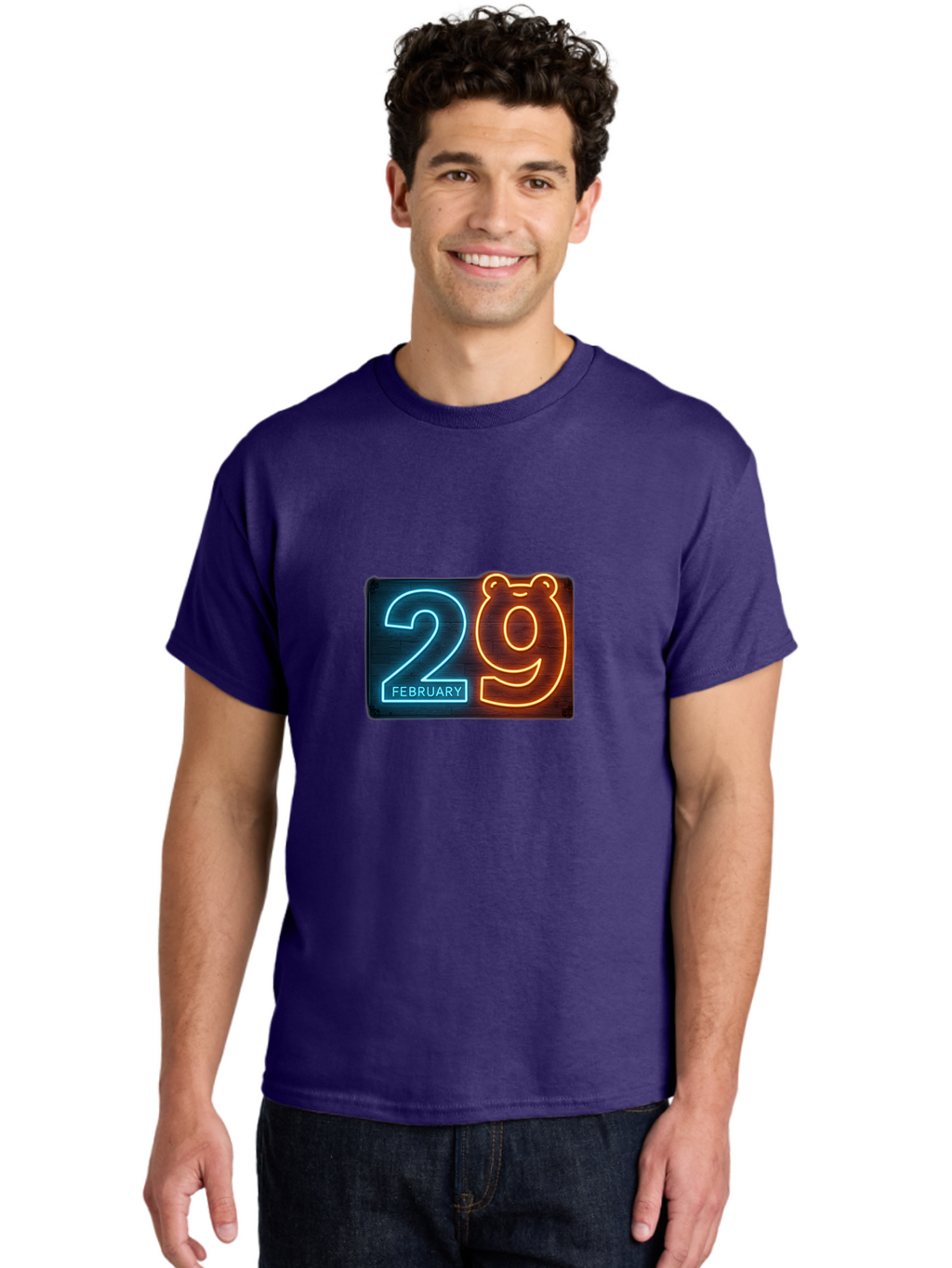 February-29 Men'S Graphic Tee, 100% Cotton, Comfortable Casual Summer Wear, Machine Washable, Leap Day, February 29, Neon Sign, Blue And Orange Glow, Bear Face, Unique Date, Calendar Event, Special Occasion, Retro Style, Glowing Numbers Bab901