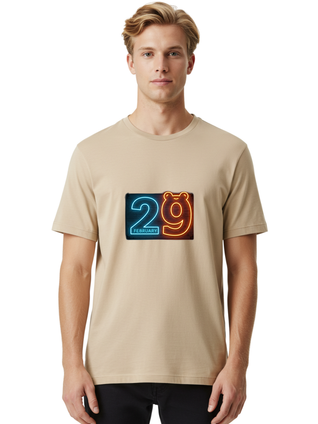 February-29 Men'S Graphic Tee, 100% Cotton, Comfortable Casual Summer Wear, Machine Washable, Leap Day, February 29, Neon Sign, Blue And Orange Glow, Bear Face, Unique Date, Calendar Event, Special Occasion, Retro Style, Glowing Numbers Bab901