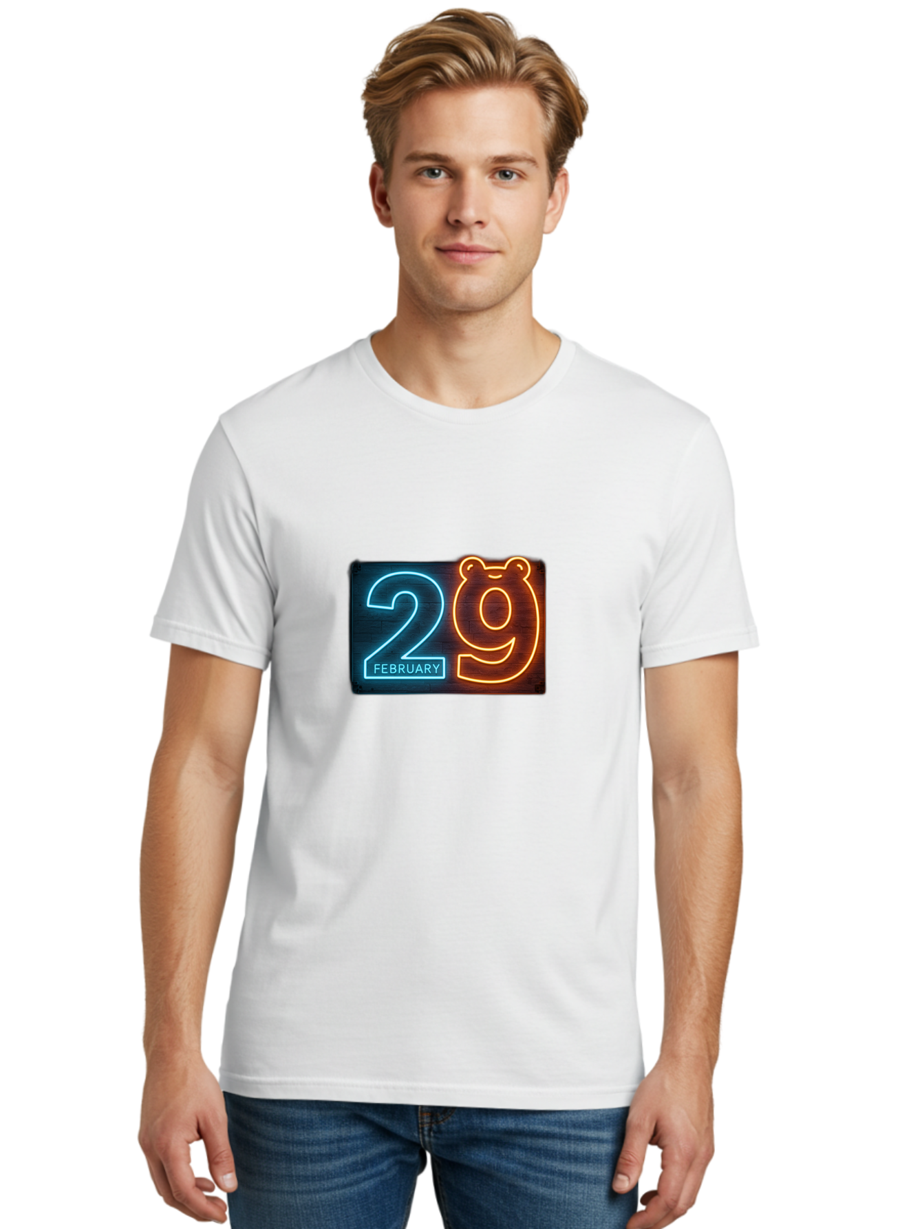 February-29 Men'S Graphic Tee, 100% Cotton, Comfortable Casual Summer Wear, Machine Washable, Leap Day, February 29, Neon Sign, Blue And Orange Glow, Bear Face, Unique Date, Calendar Event, Special Occasion, Retro Style, Glowing Numbers Bab901