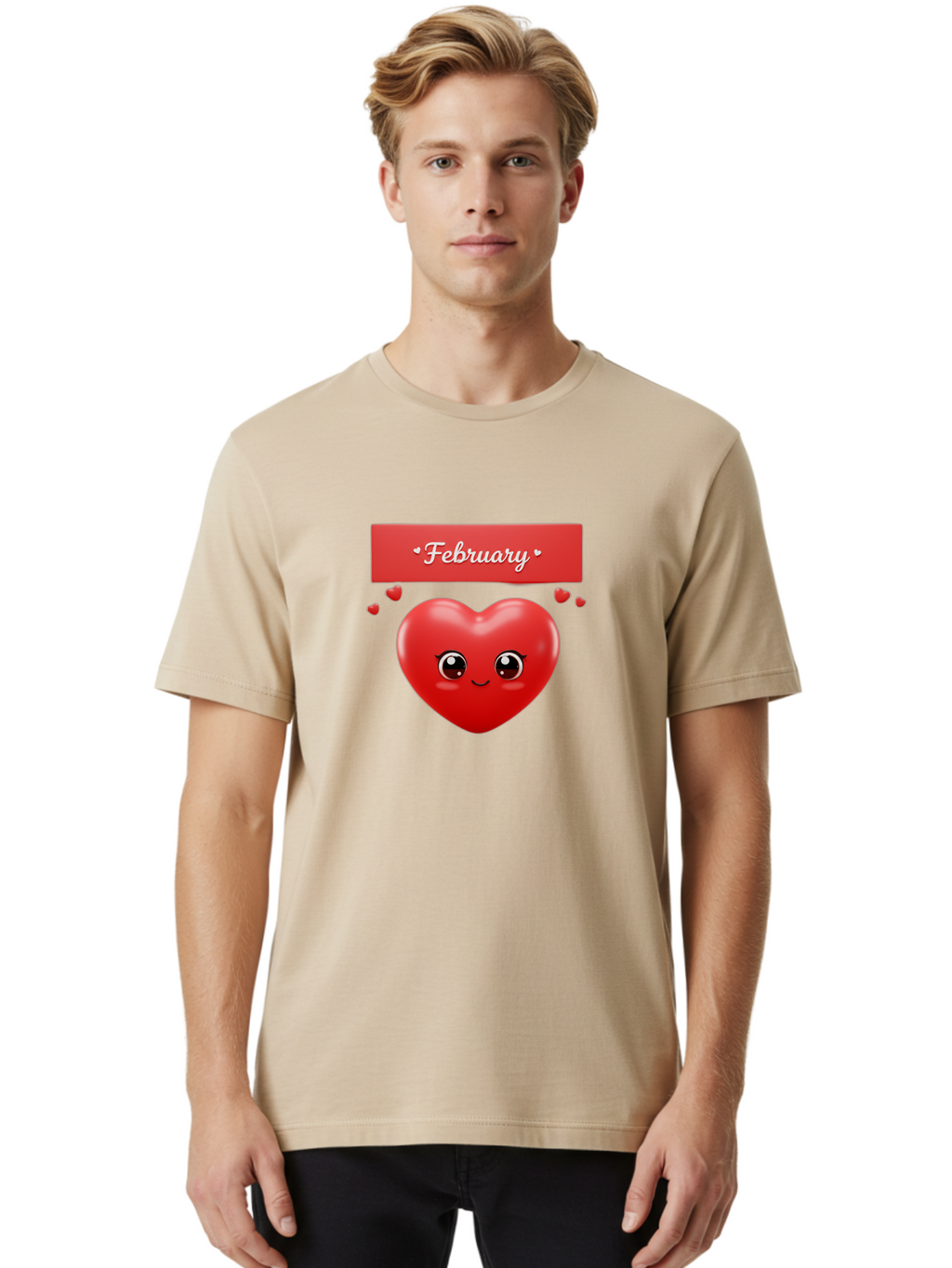 February Men'S Graphic Tee, 100% Cotton, Comfortable Casual Summer Wear, Machine Washable, Smiling Heart, Red Heart, Love Symbol, Valentines Day, Cute Cartoon Character, Heart Eyes, February Month, Sweetheart, February Love Bab902