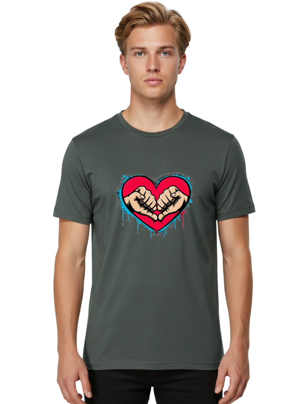 Fists-In-Heart-1 Men'S Graphic Tee, 100% Cotton, Comfortable Casual Summer Wear, Machine Washable, Heart Symbol, Fists Bumping, Cartoon Style, Love, Friendship, Unity, Red Heart, Graphic Design, Street Art, Urban Culture Bab904