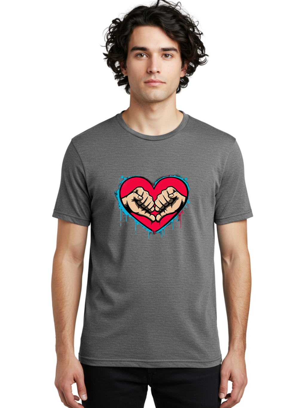 Fists-In-Heart-1 Men'S Graphic Tee, 100% Cotton, Comfortable Casual Summer Wear, Machine Washable, Heart Symbol, Fists Bumping, Cartoon Style, Love, Friendship, Unity, Red Heart, Graphic Design, Street Art, Urban Culture Bab904