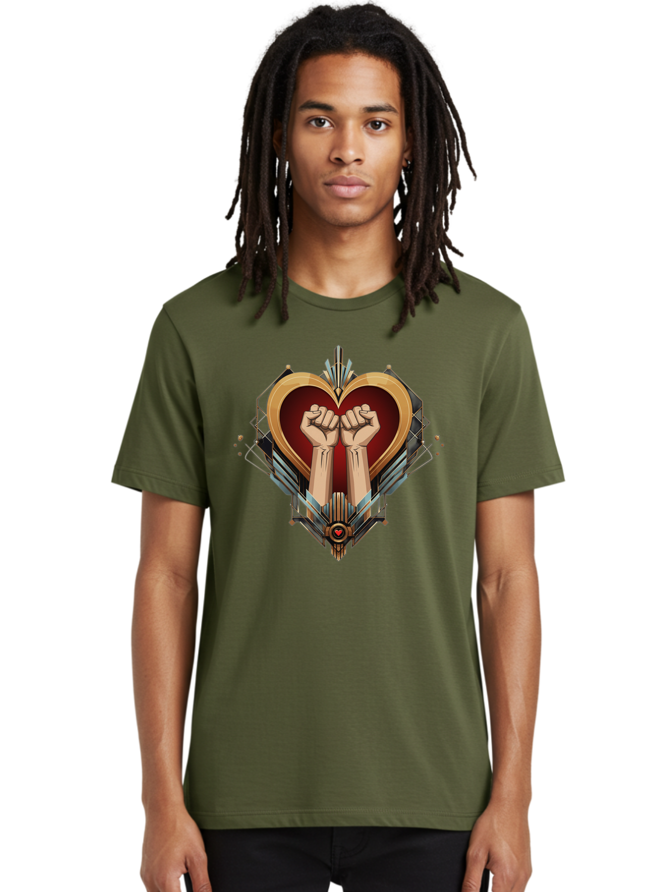 Fists-In-Heart-2 Men'S Graphic Tee, 100% Cotton, Comfortable Casual Summer Wear, Machine Washable, Fist Bump, Heart Shaped Design, Mechanical Elements, Red Heart, Gold Accents, Industrial Style, Symbol Of Solidarity, Graphic Art, Bab905