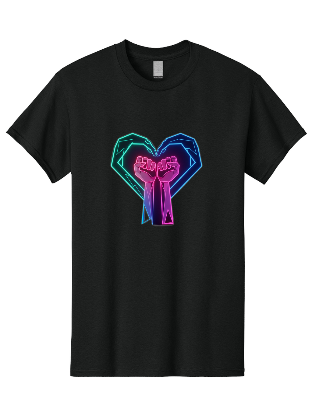 Fists-In-Heart Men'S Graphic Tee, 100% Cotton, Comfortable Casual Summer Wear, Machine Washable, Raised Fists, Heart Shape, Neon Lights, Solidarity Symbol, Unity, Social Justice, Protest, Activism, Empowerment, Love Bab906