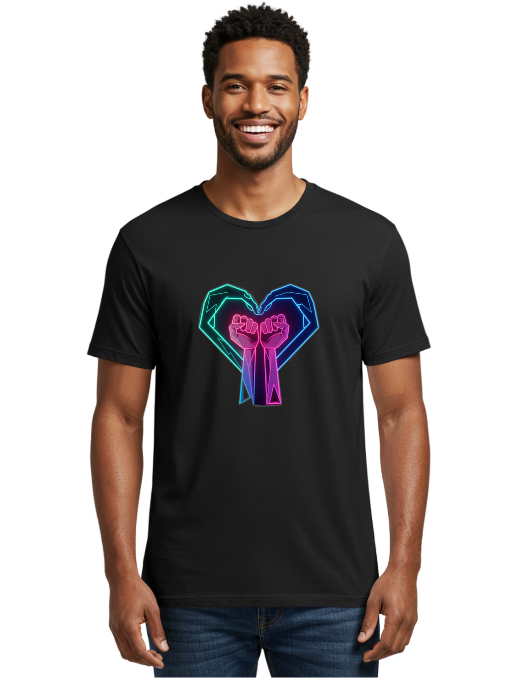 Fists-In-Heart Men'S Graphic Tee, 100% Cotton, Comfortable Casual Summer Wear, Machine Washable, Raised Fists, Heart Shape, Neon Lights, Solidarity Symbol, Unity, Social Justice, Protest, Activism, Empowerment, Love Bab906