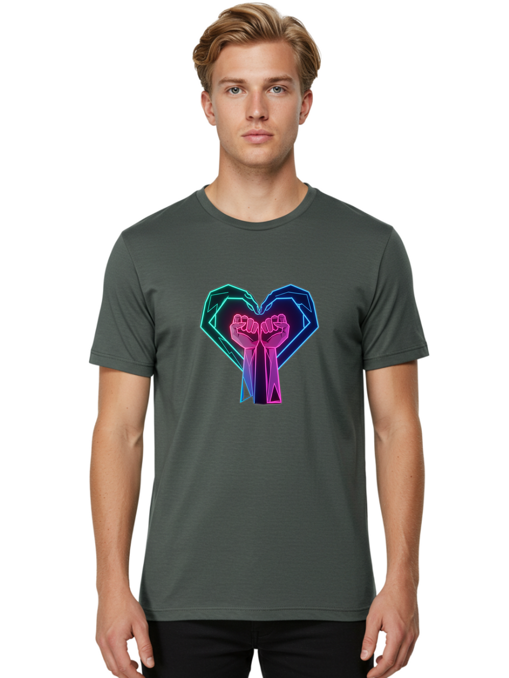 Fists-In-Heart Men'S Graphic Tee, 100% Cotton, Comfortable Casual Summer Wear, Machine Washable, Raised Fists, Heart Shape, Neon Lights, Solidarity Symbol, Unity, Social Justice, Protest, Activism, Empowerment, Love Bab906