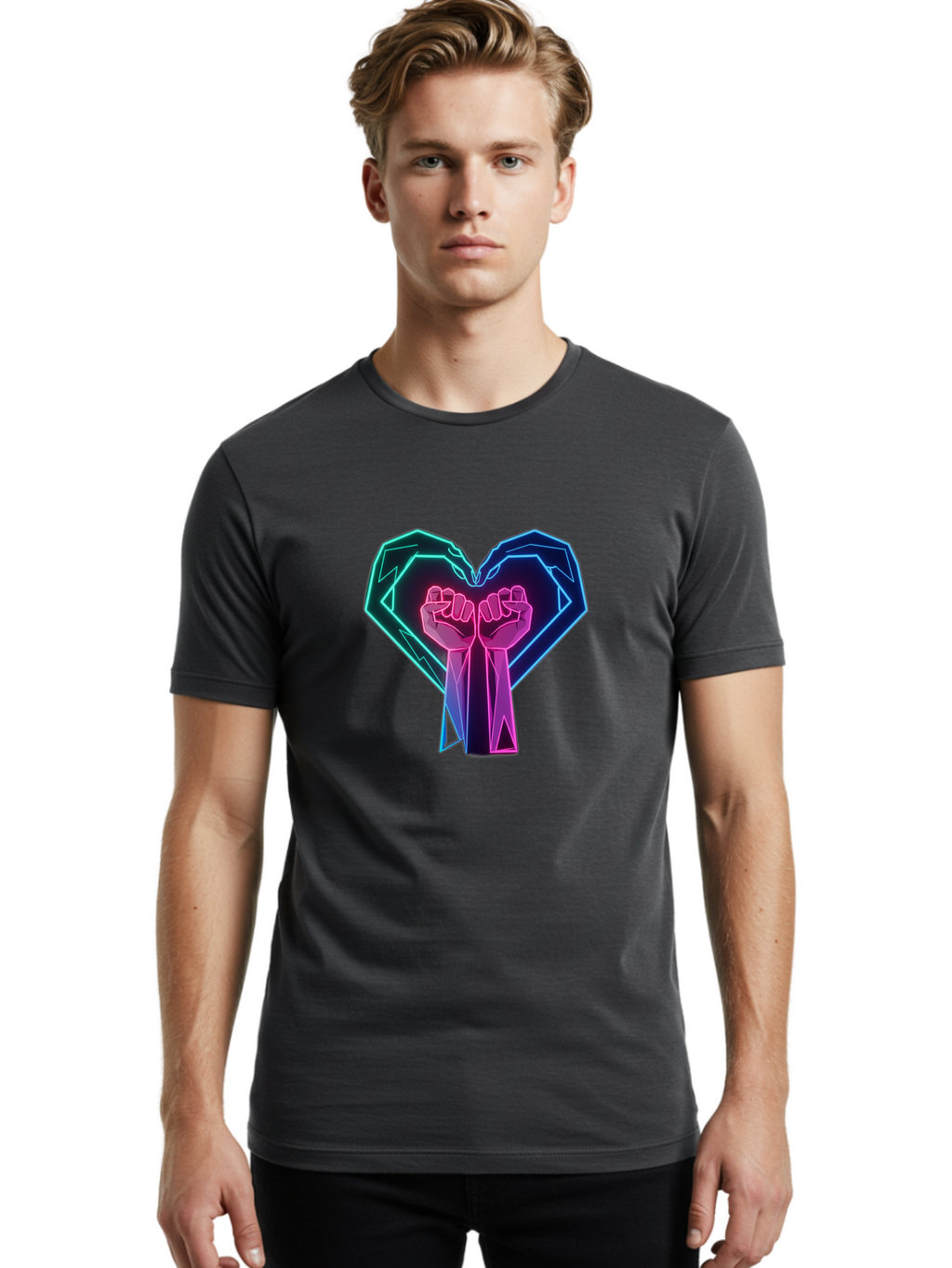 Fists-In-Heart Men'S Graphic Tee, 100% Cotton, Comfortable Casual Summer Wear, Machine Washable, Raised Fists, Heart Shape, Neon Lights, Solidarity Symbol, Unity, Social Justice, Protest, Activism, Empowerment, Love Bab906