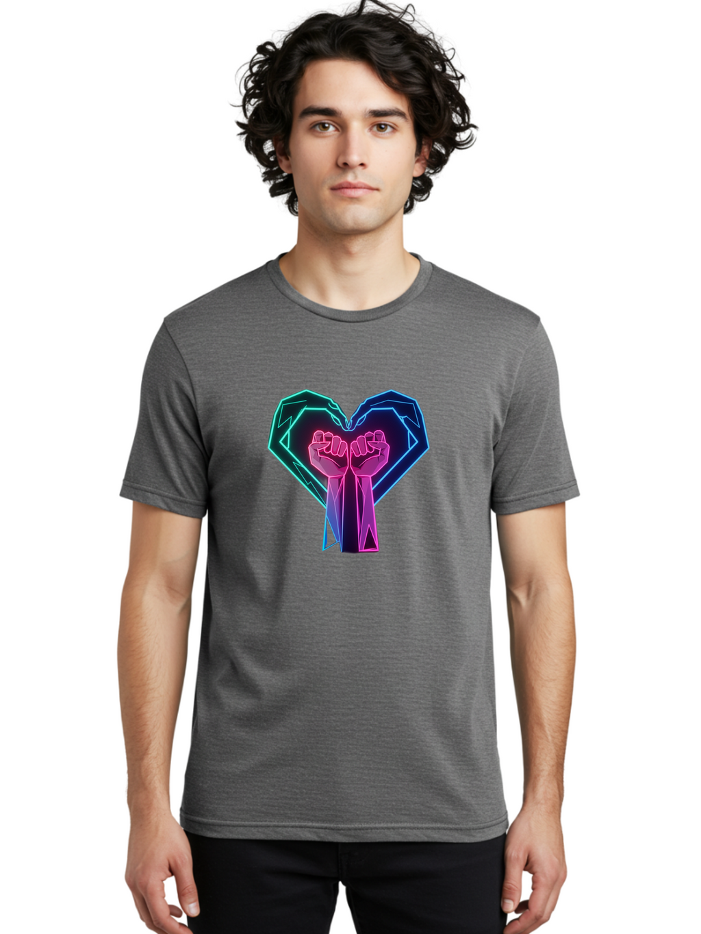 Fists-In-Heart Men'S Graphic Tee, 100% Cotton, Comfortable Casual Summer Wear, Machine Washable, Raised Fists, Heart Shape, Neon Lights, Solidarity Symbol, Unity, Social Justice, Protest, Activism, Empowerment, Love Bab906