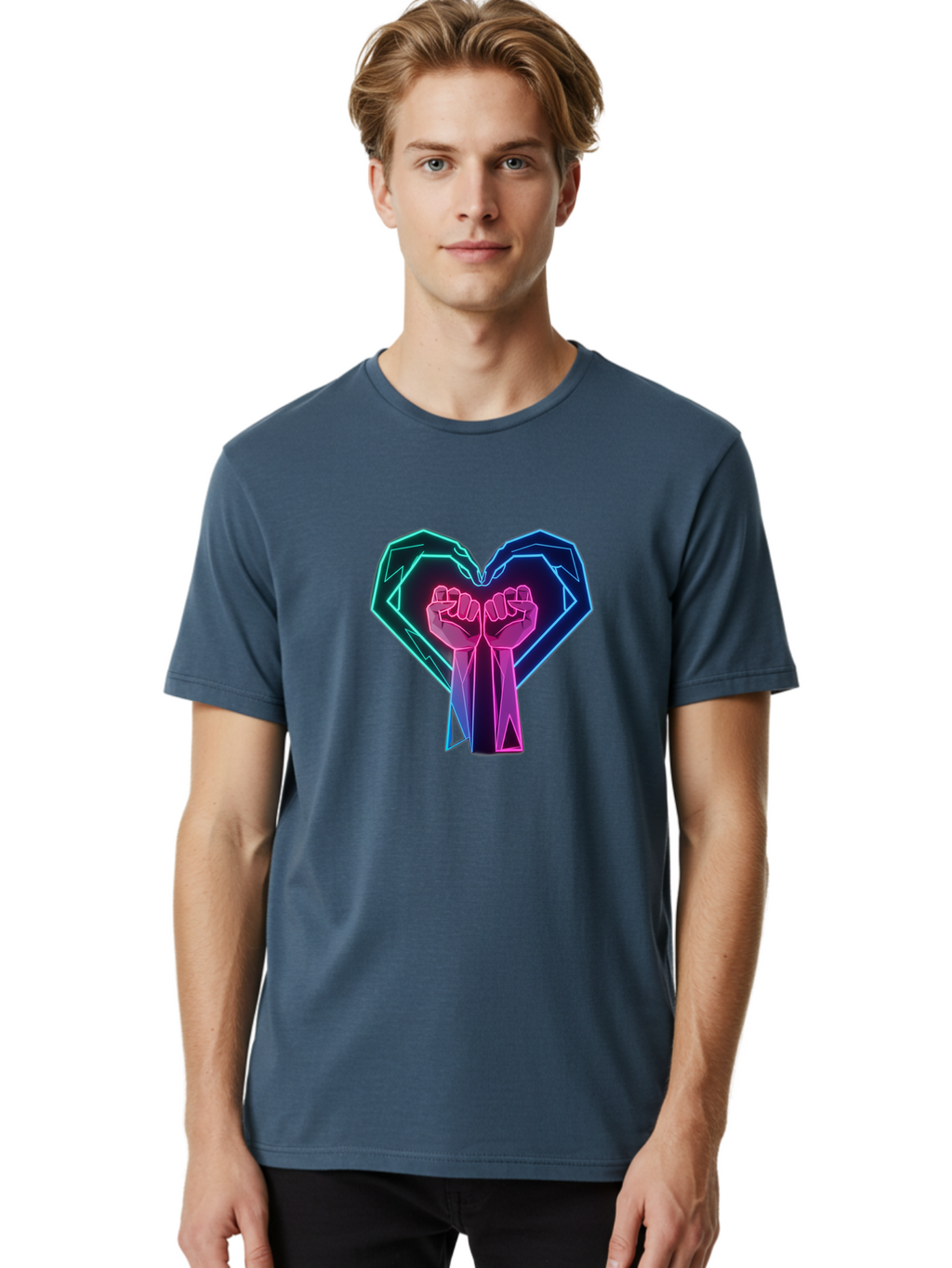 Fists-In-Heart Men'S Graphic Tee, 100% Cotton, Comfortable Casual Summer Wear, Machine Washable, Raised Fists, Heart Shape, Neon Lights, Solidarity Symbol, Unity, Social Justice, Protest, Activism, Empowerment, Love Bab906