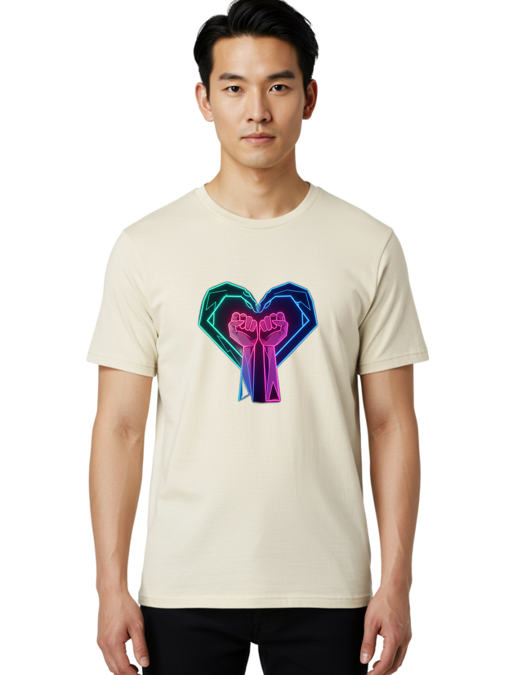 Fists-In-Heart Men'S Graphic Tee, 100% Cotton, Comfortable Casual Summer Wear, Machine Washable, Raised Fists, Heart Shape, Neon Lights, Solidarity Symbol, Unity, Social Justice, Protest, Activism, Empowerment, Love Bab906