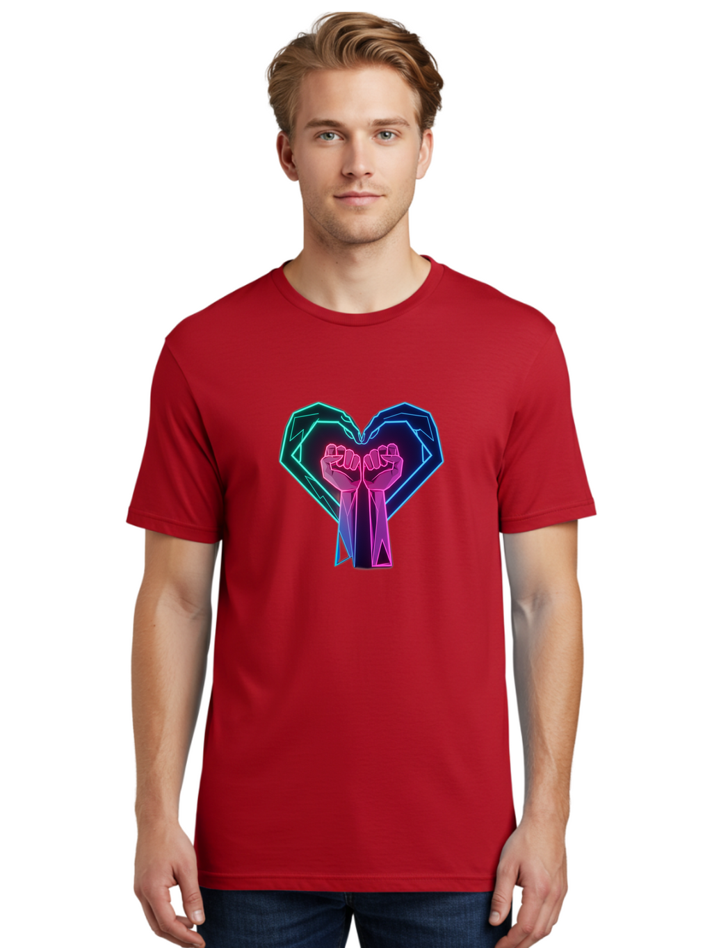 Fists-In-Heart Men'S Graphic Tee, 100% Cotton, Comfortable Casual Summer Wear, Machine Washable, Raised Fists, Heart Shape, Neon Lights, Solidarity Symbol, Unity, Social Justice, Protest, Activism, Empowerment, Love Bab906