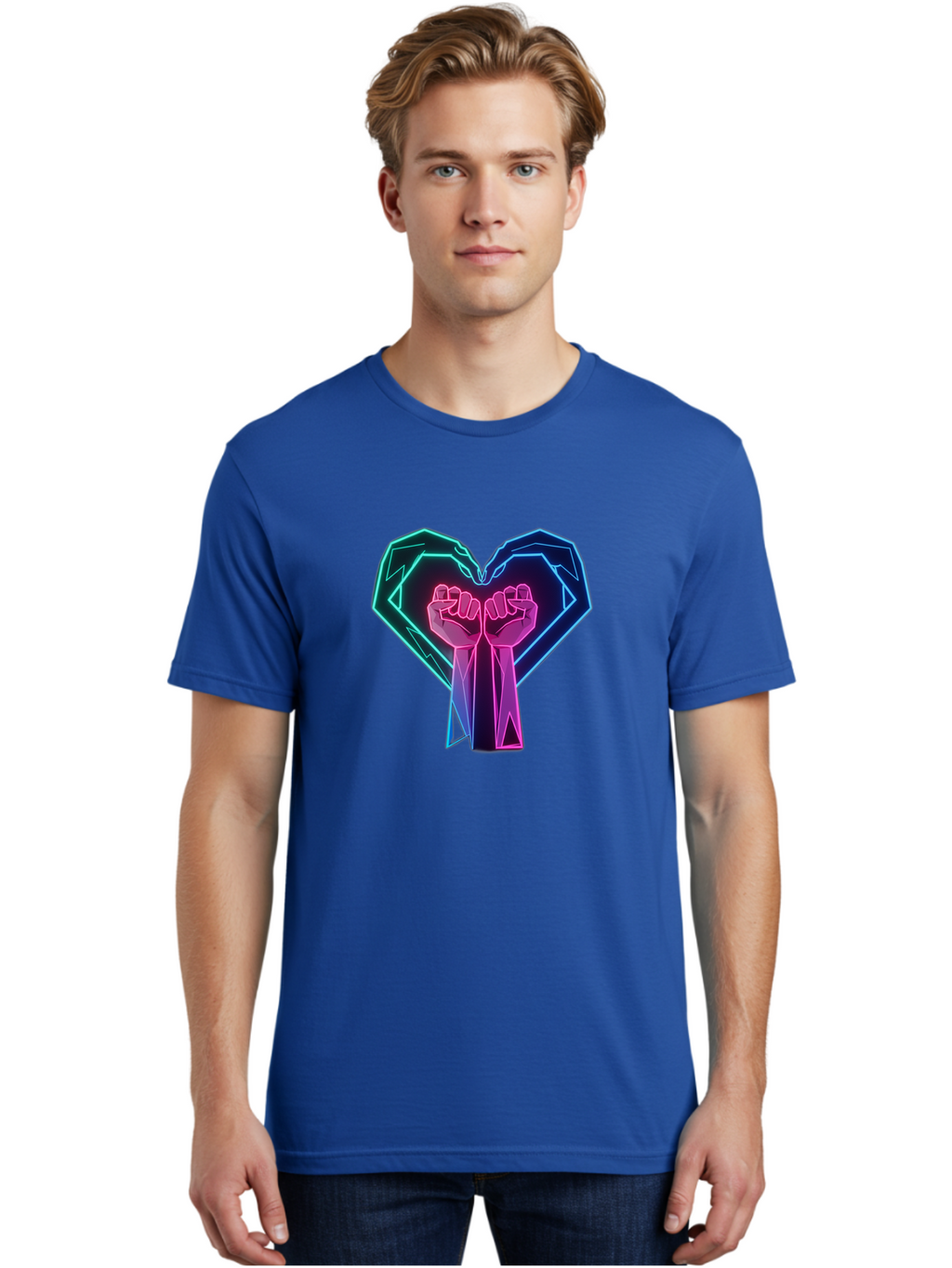Fists-In-Heart Men'S Graphic Tee, 100% Cotton, Comfortable Casual Summer Wear, Machine Washable, Raised Fists, Heart Shape, Neon Lights, Solidarity Symbol, Unity, Social Justice, Protest, Activism, Empowerment, Love Bab906