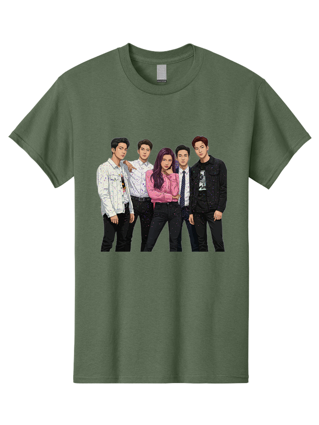 Five-People Men'S Graphic Tee, 100% Cotton, Comfortable Casual Summer Wear, Machine Washable, Group Of Young Adults, Casual Fashion, Streetwear Style, Pink Shirt, White Shirts, Black Pants, Denim Jackets, K-Pop Fashion Bab907