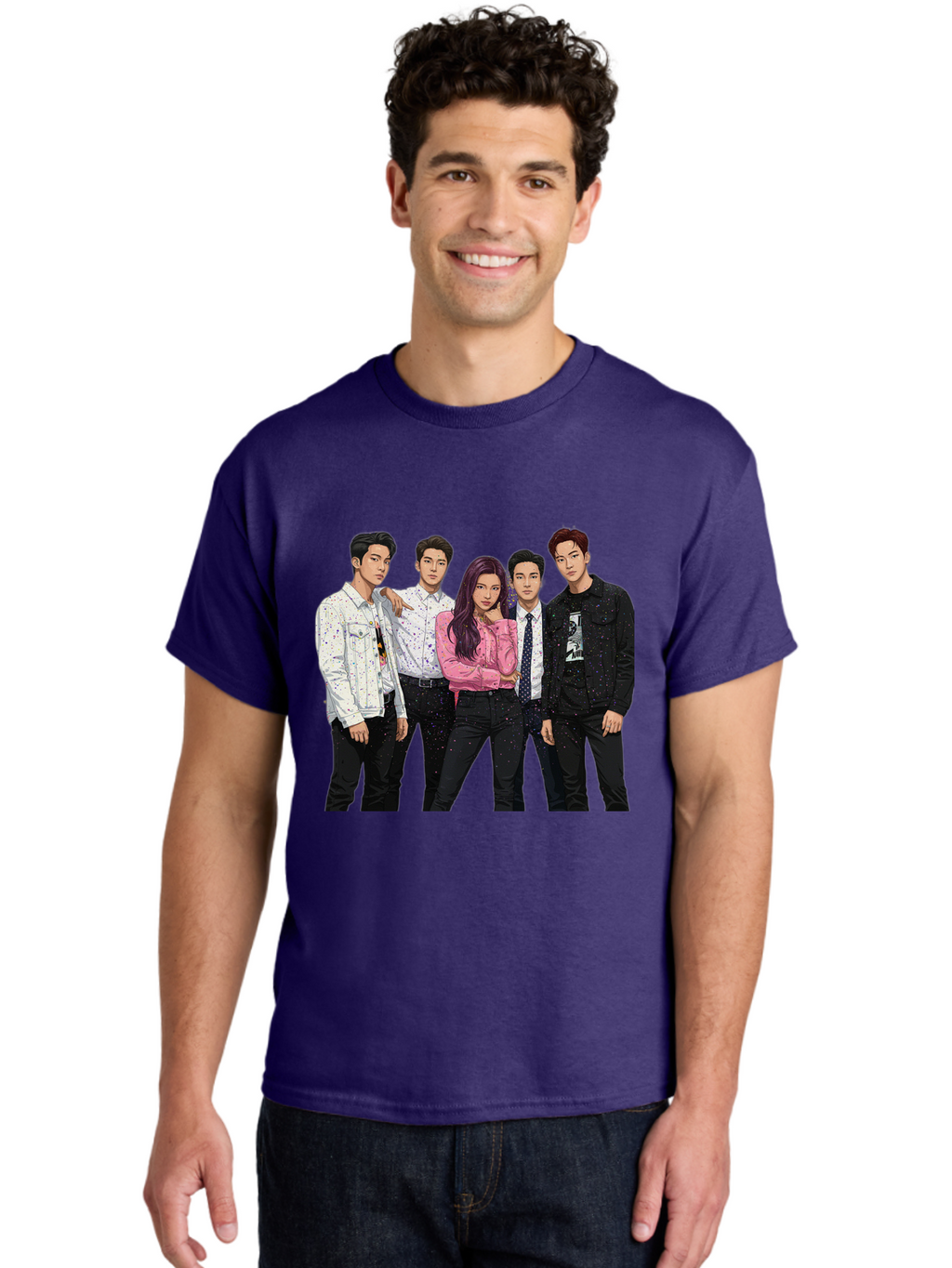Five-People Men'S Graphic Tee, 100% Cotton, Comfortable Casual Summer Wear, Machine Washable, Group Of Young Adults, Casual Fashion, Streetwear Style, Pink Shirt, White Shirts, Black Pants, Denim Jackets, K-Pop Fashion Bab907