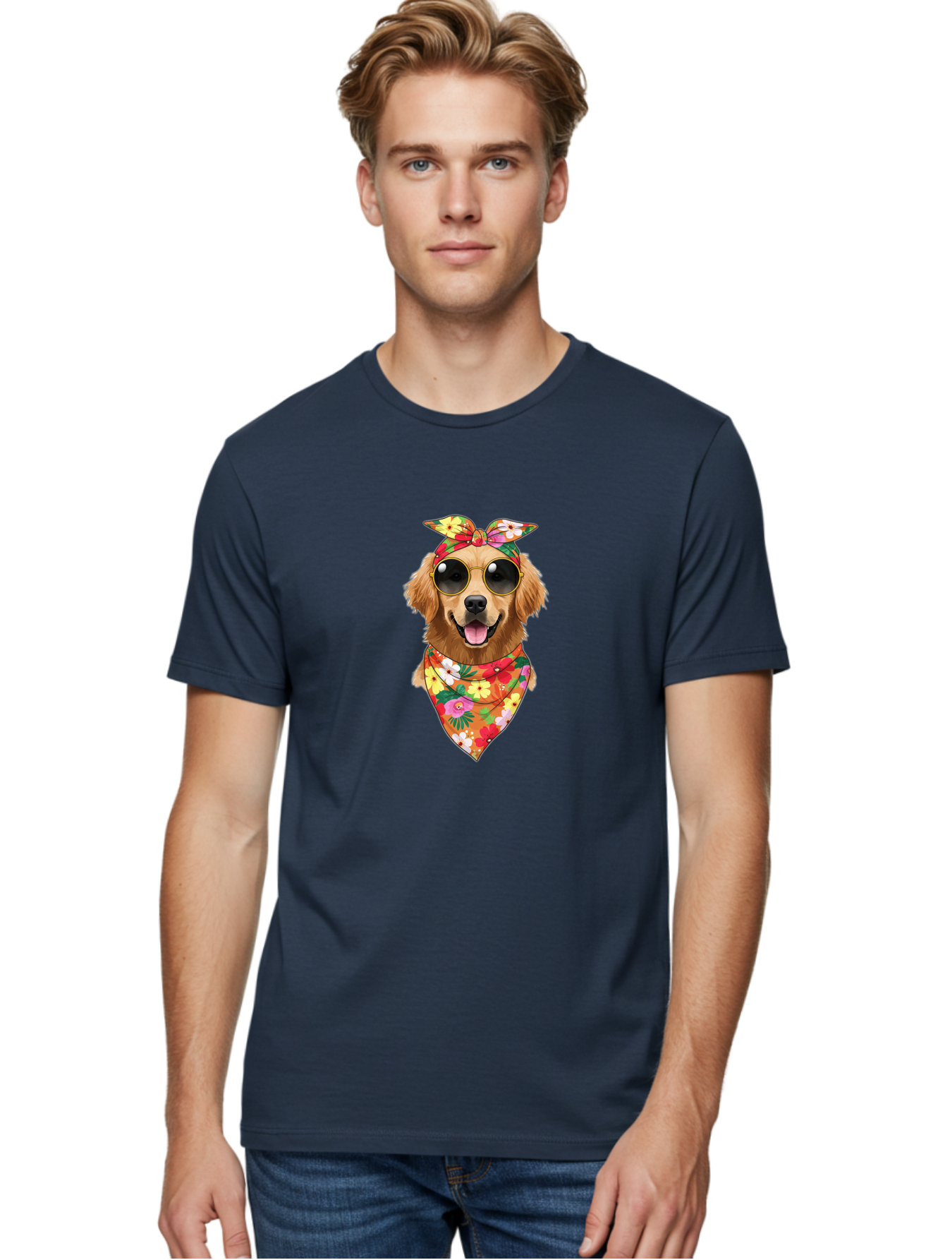 Floral-Dog Men'S Graphic Tee, 100% Cotton, Comfortable Casual Summer Wear, Machine Washable, Dog Wearing Sunglasses, Floral Bandana, Cool Dog, Happy Dog, Funky Pet, Hippie Dog, Cartoon Dog, Pet Fashion, Trendy Dog Accessories, Dog Apparel Bab911