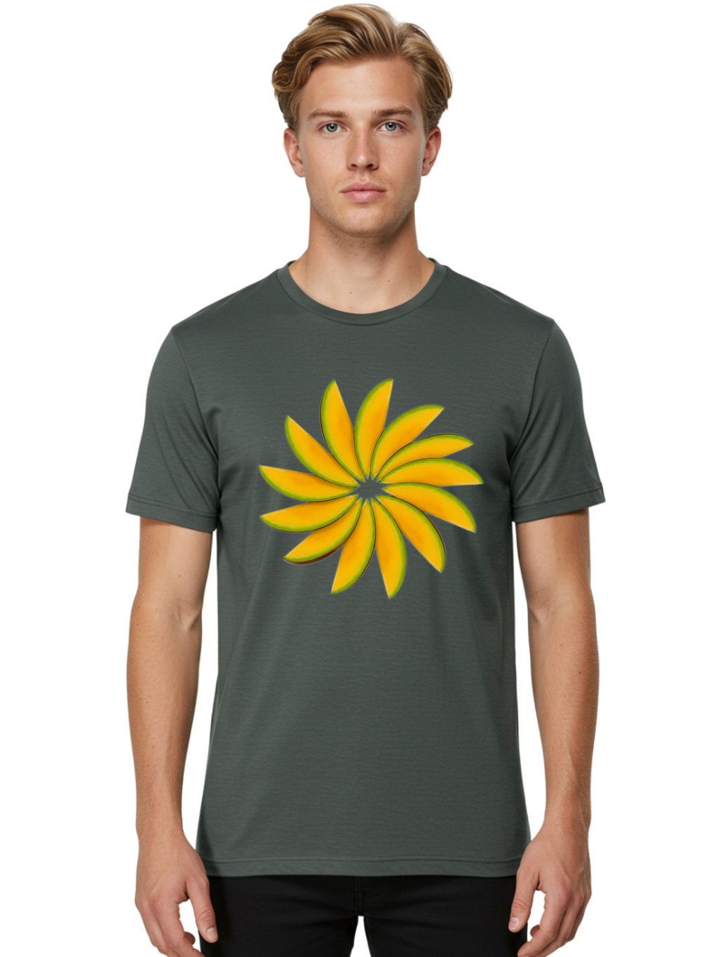Flower Men'S Graphic Tee, 100% Cotton, Comfortable Casual Summer Wear, Machine Washable, Yellow Flower, Floral Design, Digital Art, Vibrant Petals, Graphic Illustration, Flower Graphic, Orange-Yellow Hues, Symmetrical Shape, Stylized Bloom Bab912