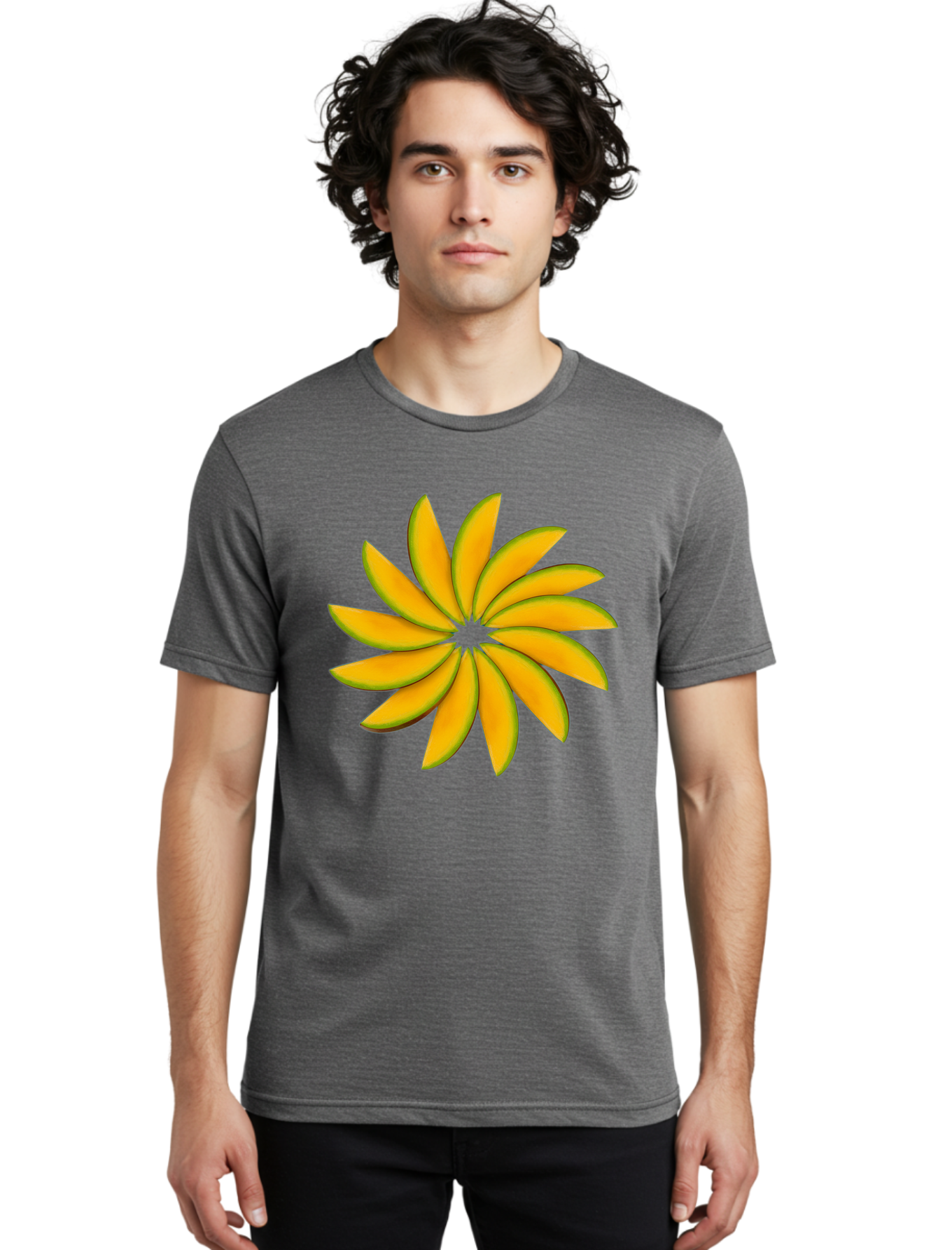 Flower Men'S Graphic Tee, 100% Cotton, Comfortable Casual Summer Wear, Machine Washable, Yellow Flower, Floral Design, Digital Art, Vibrant Petals, Graphic Illustration, Flower Graphic, Orange-Yellow Hues, Symmetrical Shape, Stylized Bloom Bab912