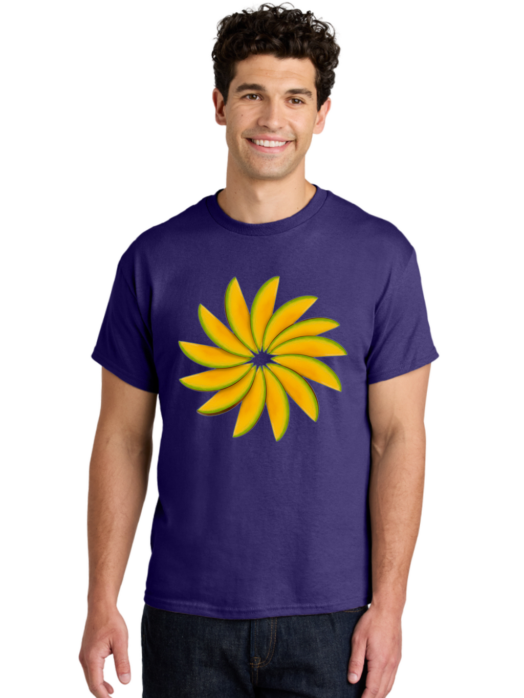Flower Men'S Graphic Tee, 100% Cotton, Comfortable Casual Summer Wear, Machine Washable, Yellow Flower, Floral Design, Digital Art, Vibrant Petals, Graphic Illustration, Flower Graphic, Orange-Yellow Hues, Symmetrical Shape, Stylized Bloom Bab912