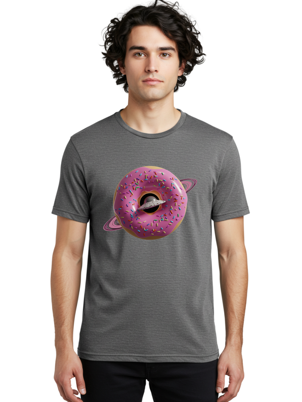 Flying-Saucer-Donut-Planet Men'S Graphic Tee, 100% Cotton, Comfortable Casual Summer Wear, Machine Washable, Pink Donut Planet, Donut With Sprinkles, Ufo Flying Through Donut, Pastel Colors, Pastel Donut, Sprinkles, Surreal Scene, Donut Hole, Bab913