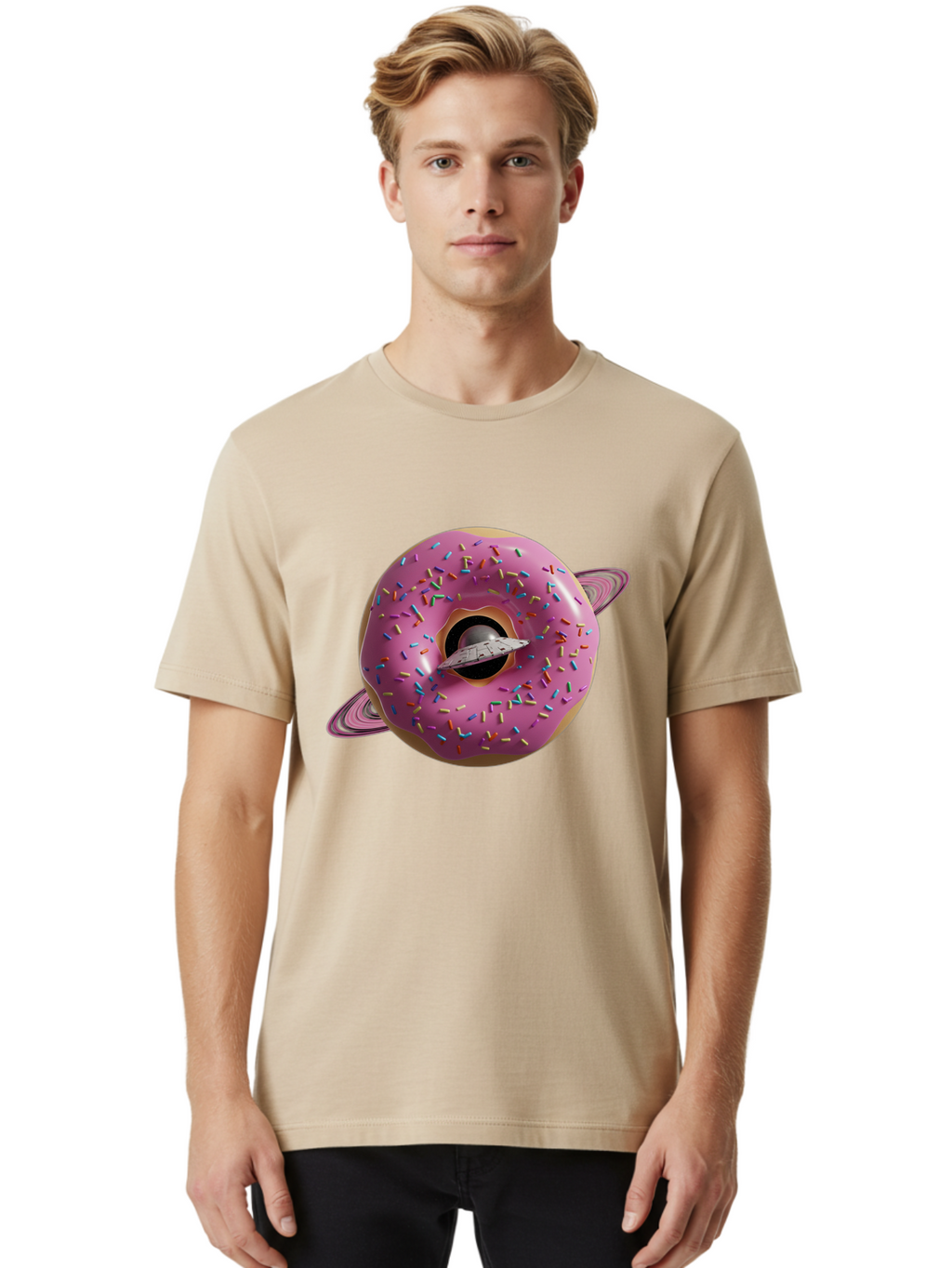 Flying-Saucer-Donut-Planet Men'S Graphic Tee, 100% Cotton, Comfortable Casual Summer Wear, Machine Washable, Pink Donut Planet, Donut With Sprinkles, Ufo Flying Through Donut, Pastel Colors, Pastel Donut, Sprinkles, Surreal Scene, Donut Hole, Bab913