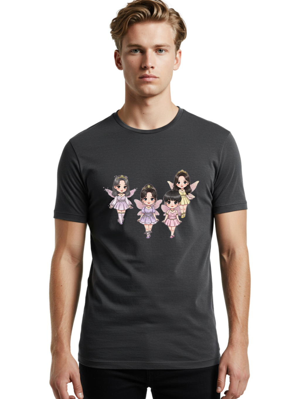 Four-Kawaii-Girls Men'S Graphic Tee, 100% Cotton, Comfortable Casual Summer Wear, Machine Washable, Cute Cartoon Characters, Fairy Illustrations, Pastel Colors, Whimsical Designs, Anime-Inspired Art, Delicate Wings, Princess Tiaras, Bab914