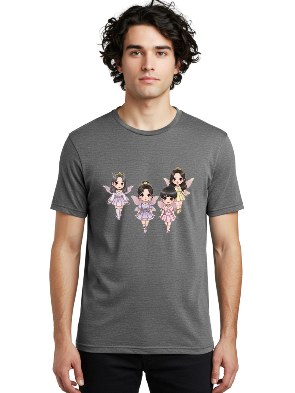 Four-Kawaii-Girls Men'S Graphic Tee, 100% Cotton, Comfortable Casual Summer Wear, Machine Washable, Cute Cartoon Characters, Fairy Illustrations, Pastel Colors, Whimsical Designs, Anime-Inspired Art, Delicate Wings, Princess Tiaras, Bab914