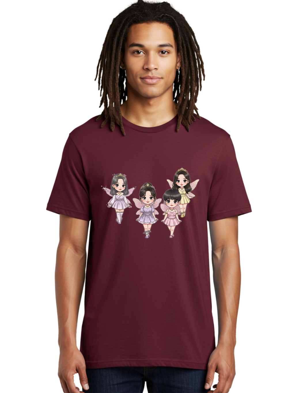 Four-Kawaii-Girls Men'S Graphic Tee, 100% Cotton, Comfortable Casual Summer Wear, Machine Washable, Cute Cartoon Characters, Fairy Illustrations, Pastel Colors, Whimsical Designs, Anime-Inspired Art, Delicate Wings, Princess Tiaras, Bab914