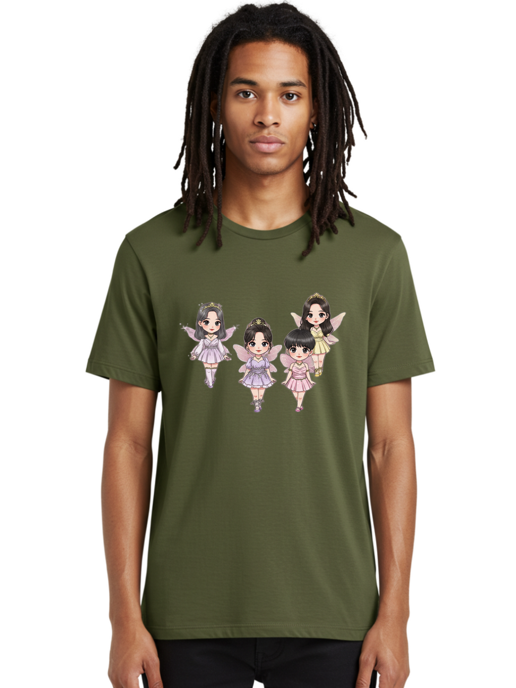 Four-Kawaii-Girls Men'S Graphic Tee, 100% Cotton, Comfortable Casual Summer Wear, Machine Washable, Cute Cartoon Characters, Fairy Illustrations, Pastel Colors, Whimsical Designs, Anime-Inspired Art, Delicate Wings, Princess Tiaras, Bab914
